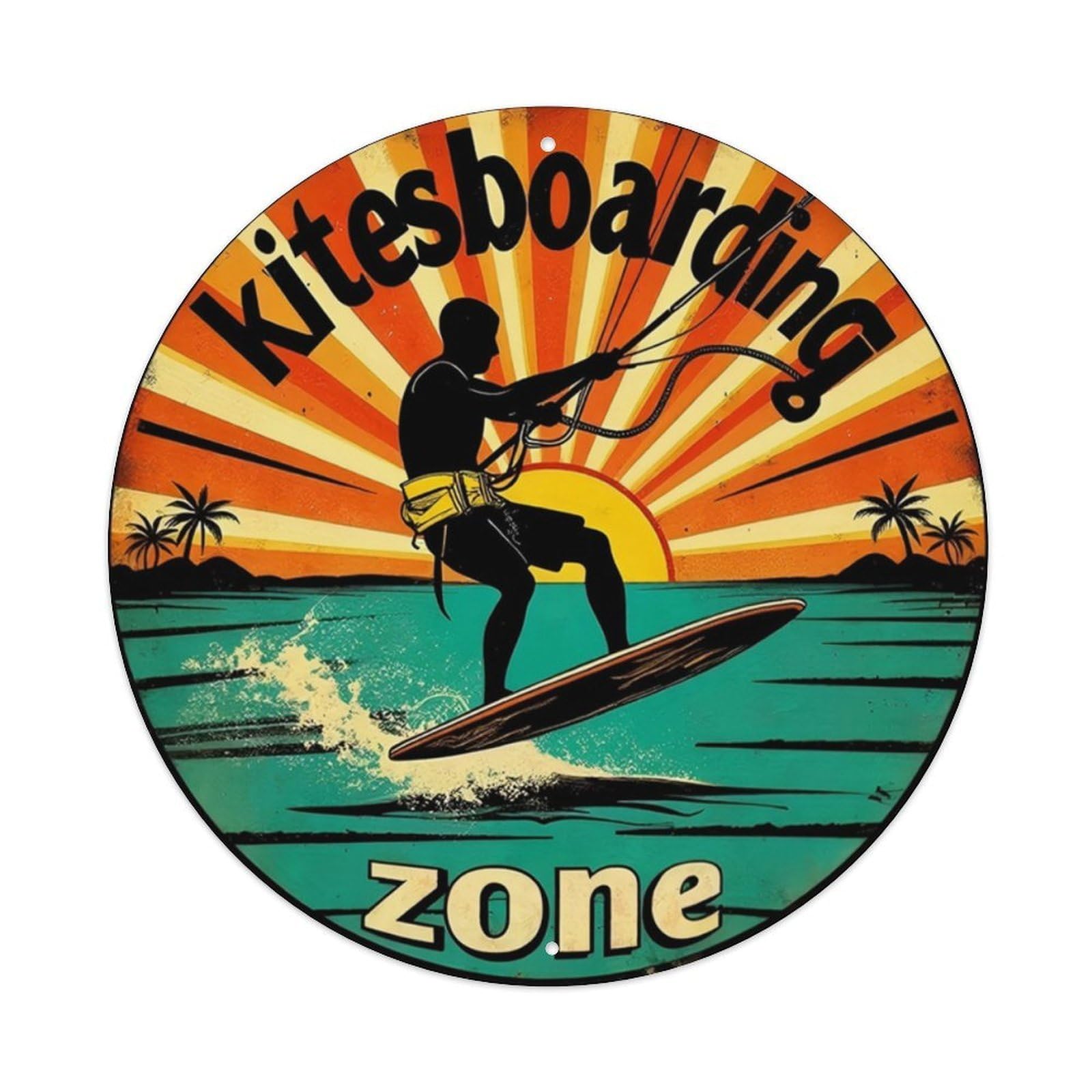 Kitesboarding Zone Retro Ocean Sunset Round Decor Sign Vintage Aluminium Metal Sign, Retro Wall Decor for Home, Bar, Garage & Farmhouse 20x20cm