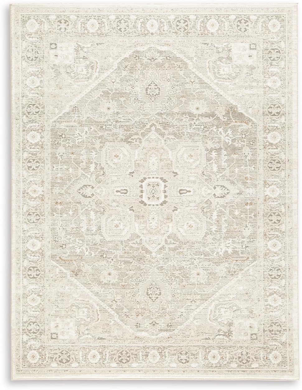 Signature Design by Ashley Area Rug, Neutral 5x7, Vintage Medallion | Soft 100% polyester with 9 mm medium pile, Elegant ivory and gray tones for living rooms and bedrooms, Gatwell Series