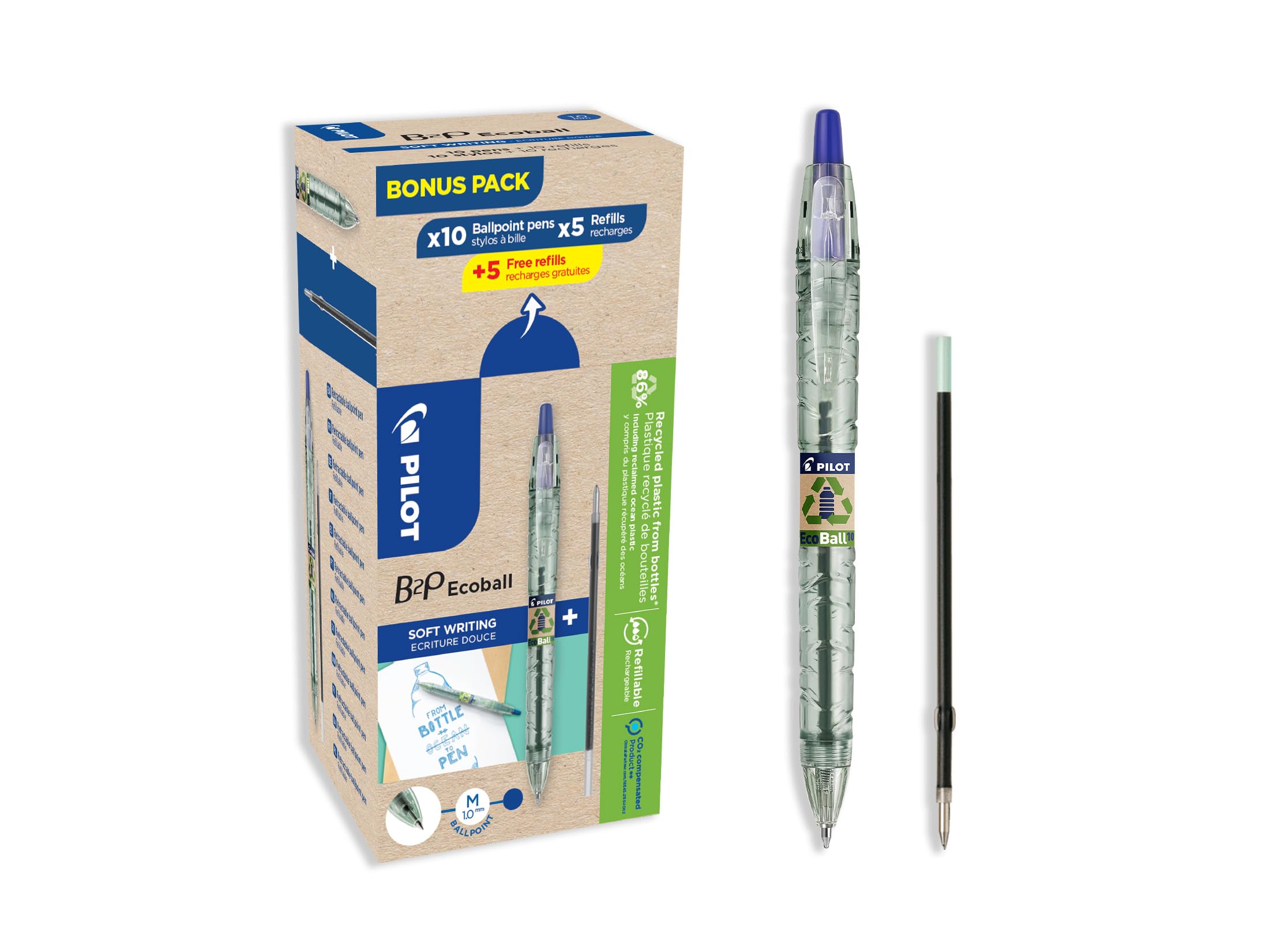 Pilot 94297 Bonuspack 10 Pens And 10 Refills B2P Ecoball Blue Tip 1 Mm