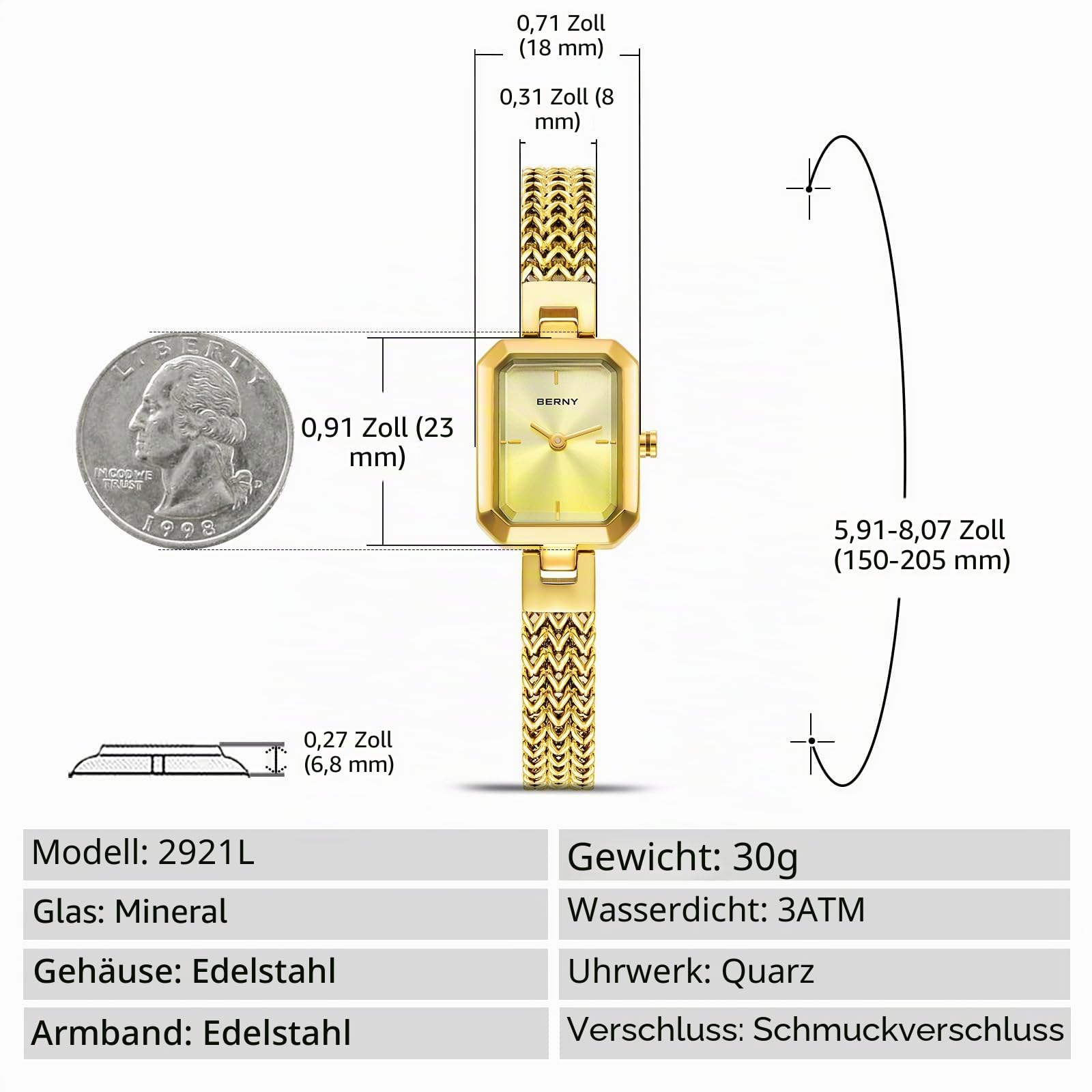 BERNY Frauen Uhr Damen Rechteck Mini Armbanduhren Quarzwerk Mode Minimalistische Uhr 3ATM wasserdichte Edelstahl Abnehmbare Uhrenarmband