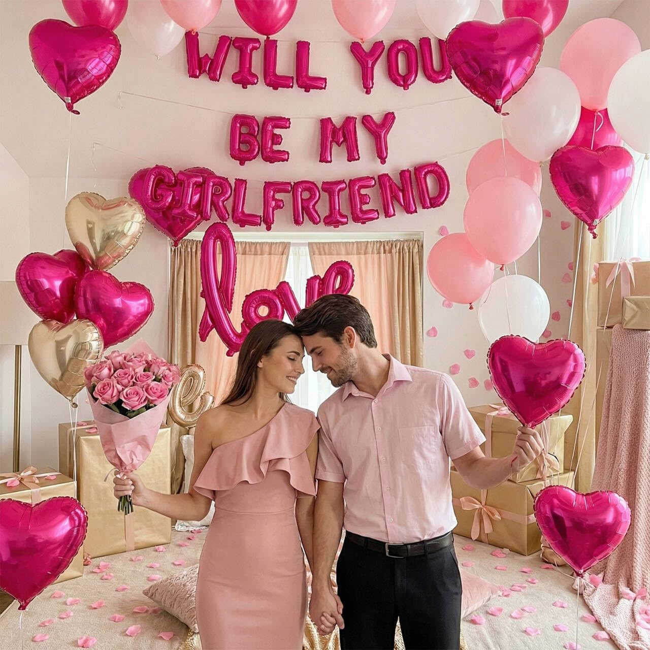 Will You Be My Girlfriend Balloons 60pcs pink hot pink and white balloon kit Include 18 Inch Heart Shaped Balloons and 1000 Pink Artificial Rose Petals Romantic Decoration Kit for Valentines Party - Image 4