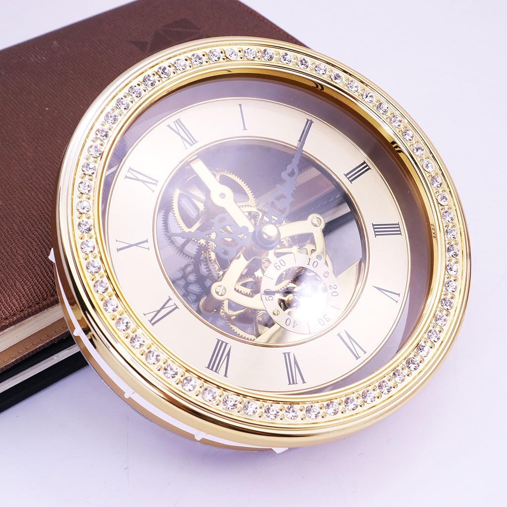 5.83-inch Diameter 148mm Diamond-Encrusted Transparent Hour Gold Vintage Metal Gear Movement