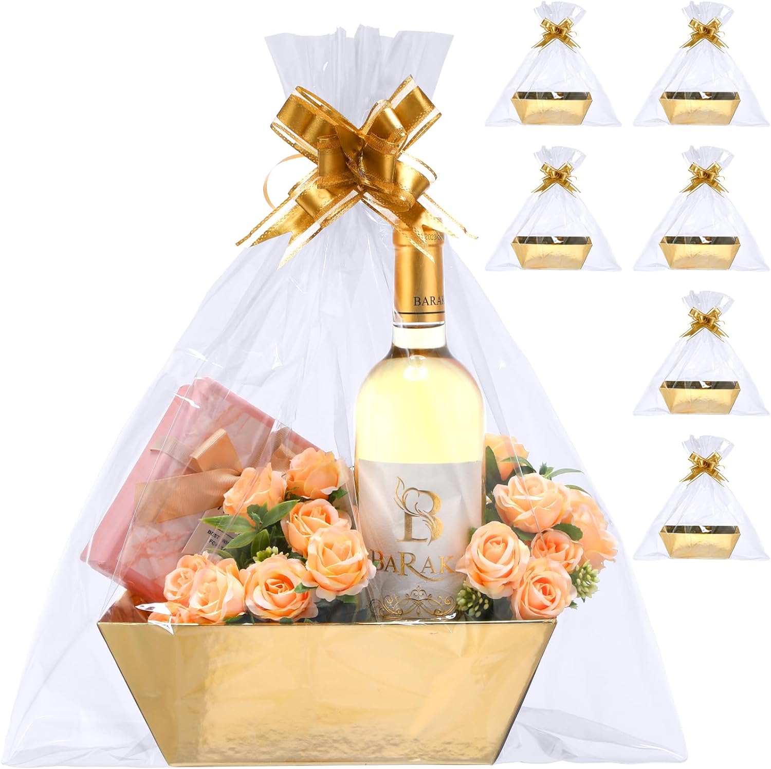 22 Pcs Basket for Gifts Empty Kit Includes 6 Pcs Gift Basket Empty to Fill 6 Pcs Clear Bags 10 Pull Bows Market Tray Favor for Thanksgiving Christmas Wedding Package(Gold)
