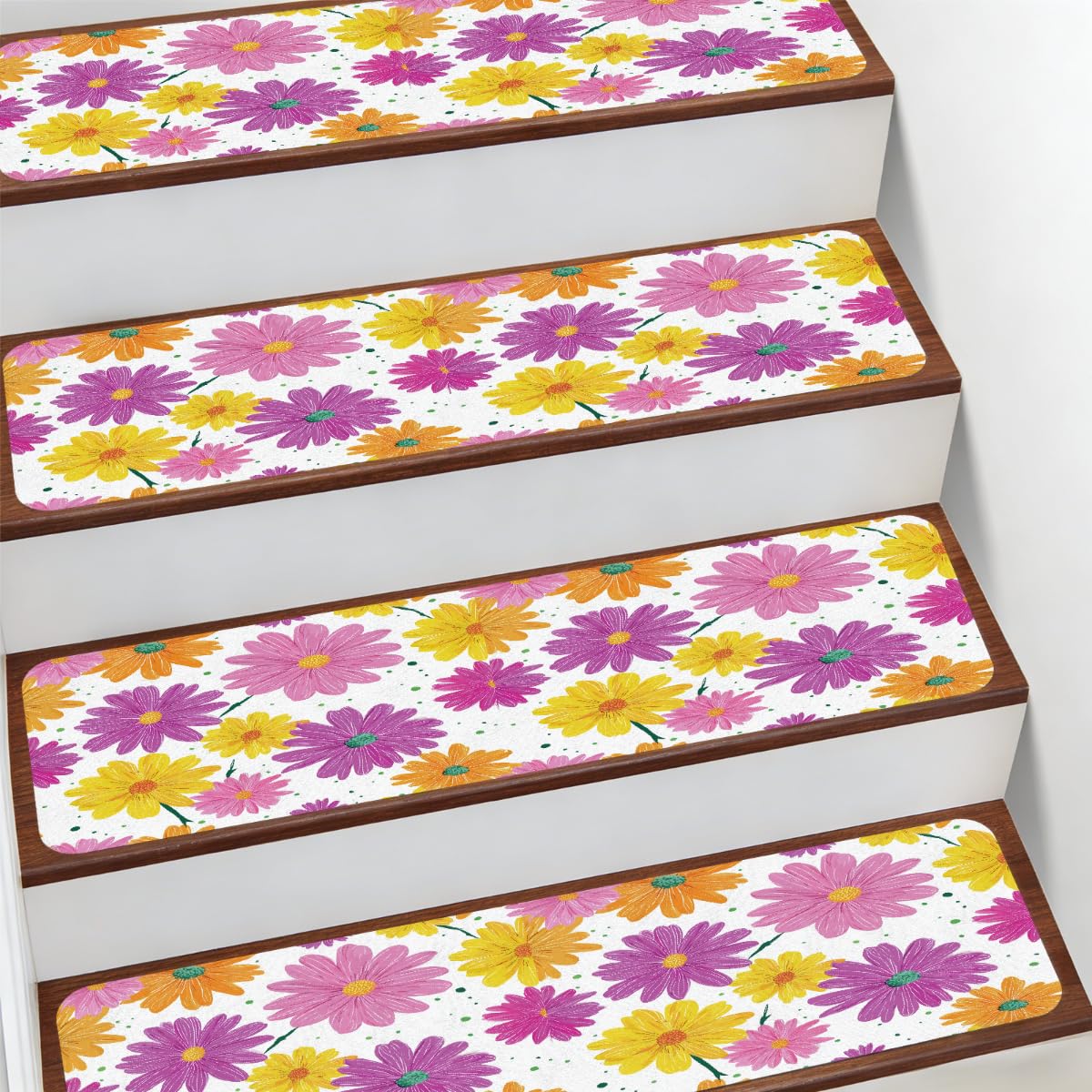Alfombra para peldaños de escalera de 19,8 x 76,2 cm con margaritas coloridas