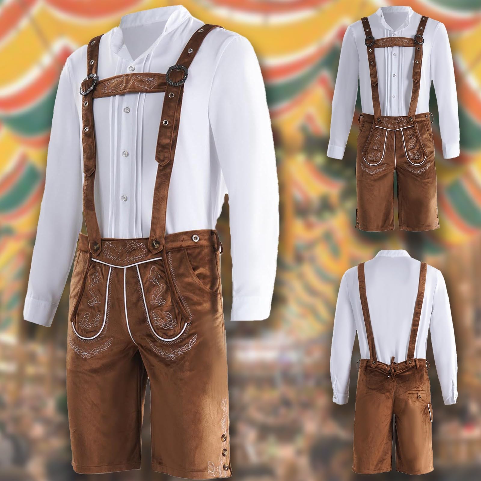 Lederhose Herren Tracht Set, Lederhosen Outfit Oktoberfest, Traditionelle Kniebundhose Lang+ Trachtenhemd Männer Trachtenhose M.träger Kariertes Deutsches Bayerisches Oktoberfest-Kostüm Set Für Herren