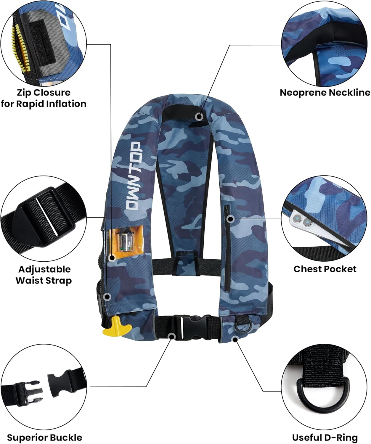 Owntop Automatic/Manual Inflatable Vest, Manual Convertible Option, Low Profile, Zipper Closure, Inflatable Fishing Jacket for Kayaking, Boating and Fishing, 24g CO2 Cylinder Included