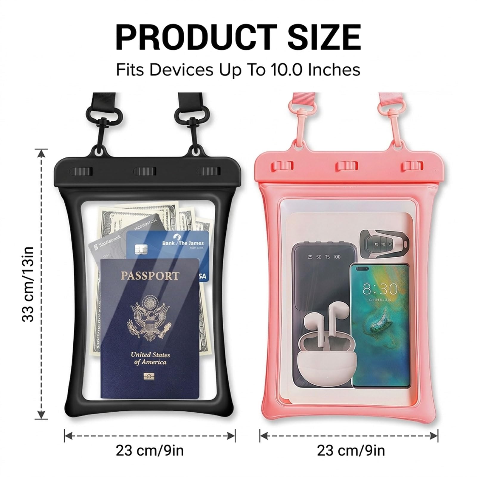 2er Set IPX8 Custodia Impermeabile per Smartphone - Custodia Galleggiante per telefoni Fino a 10,0 Pollici con Cordino per Spiaggia, Piscina, Immersioni e Viaggi