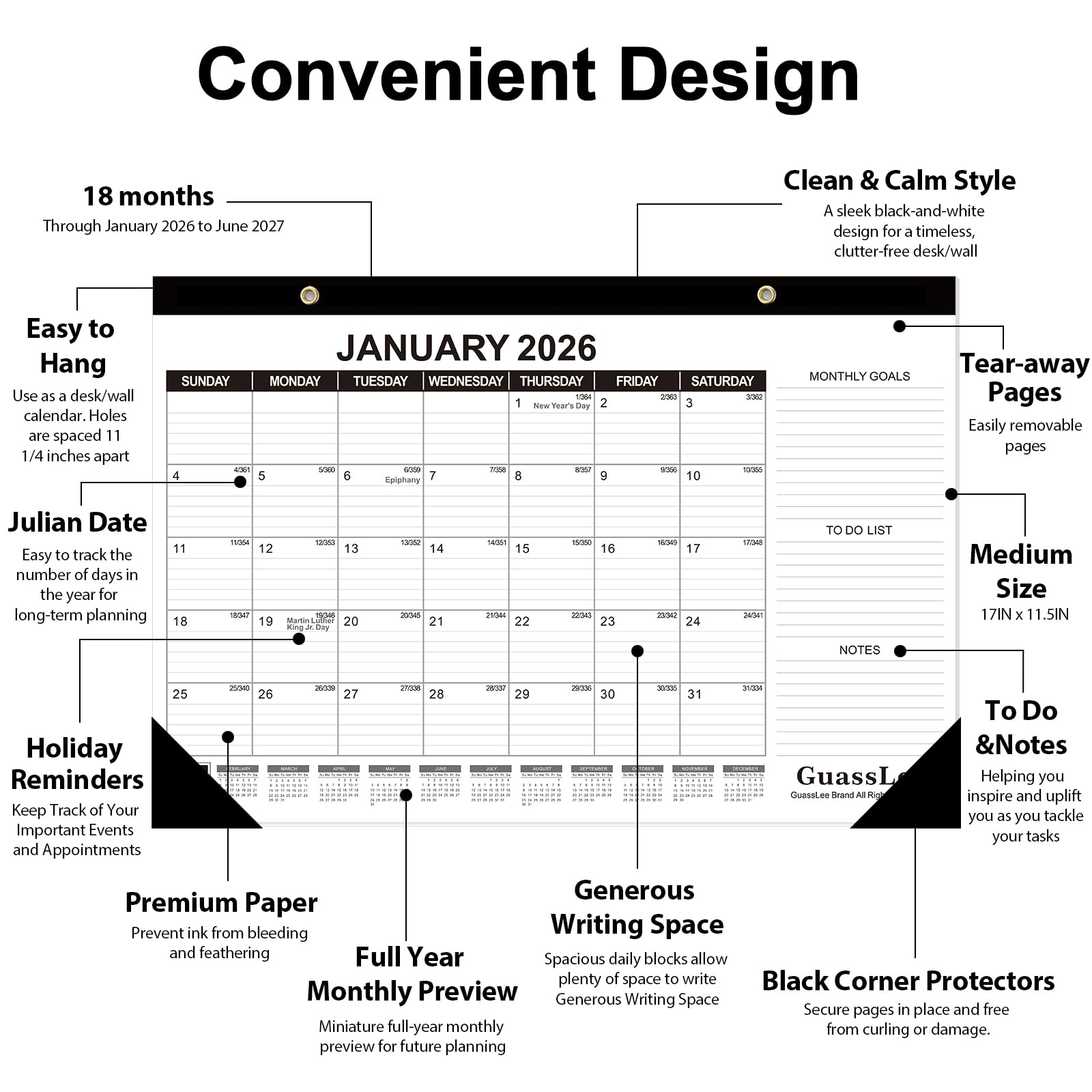 GuassLee Calendario da scrivania 2025, 3 confezioni, calendario da 18 mesi, 43,2 cm × 29,2 cm, calendario da scrivania da gennaio. 2025 a giugno. 2026 con data giuliana, lista delle cose da fare,