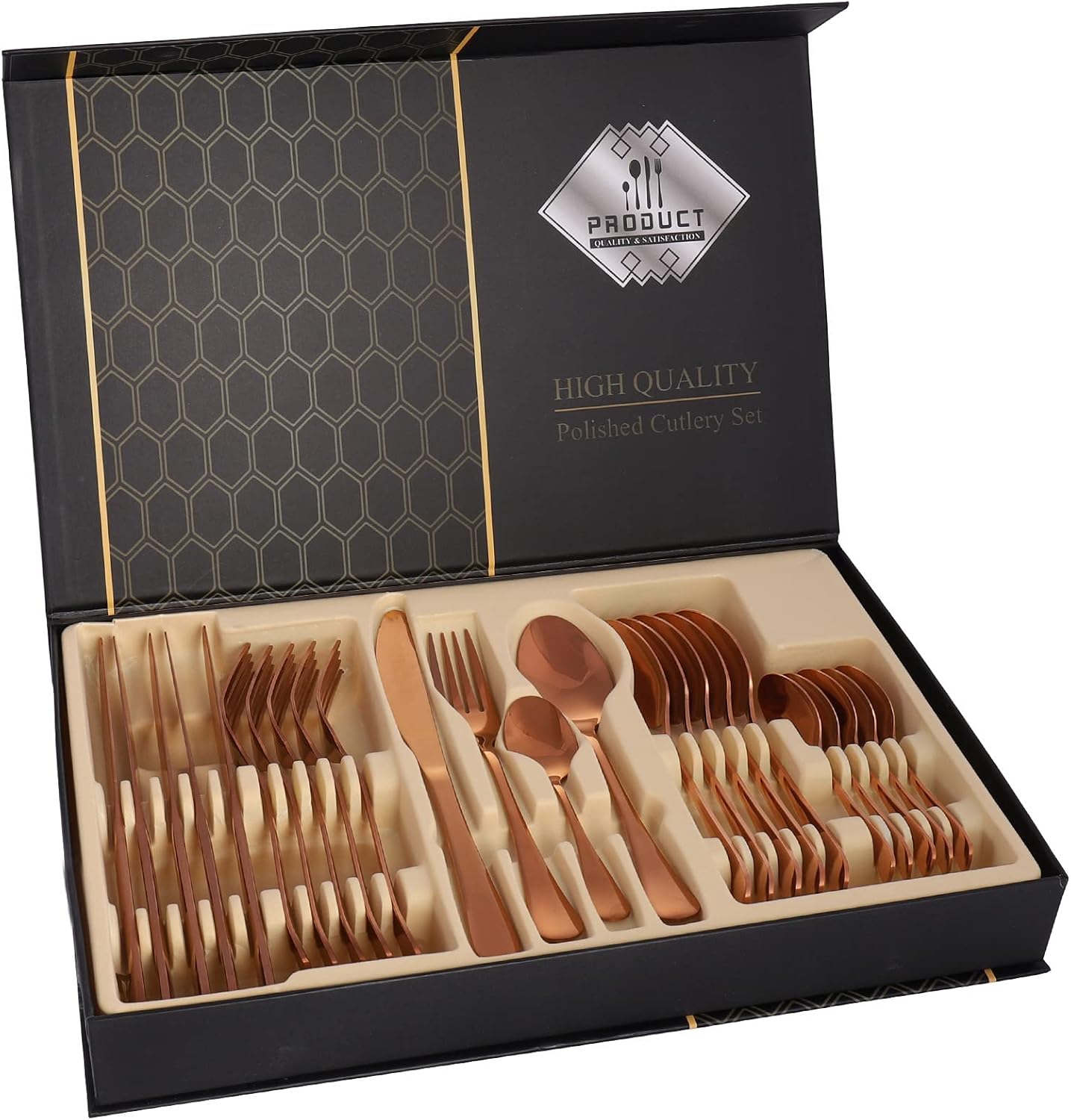 Cutlery Set 24 Piece Stainless Steel Flatware Set with Gift Box, Elegant Knife Fork Spoon Silverware Tableware Set Service for 6 (Rose Gold)