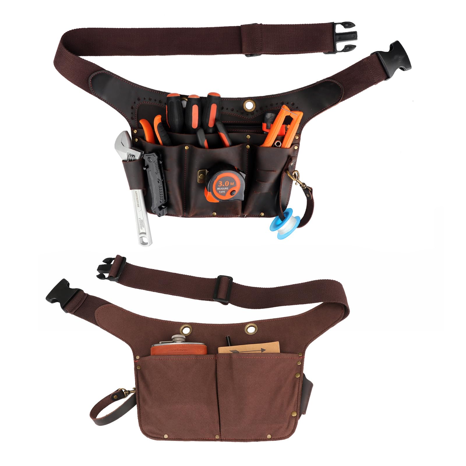 TOURBON - Bolsa de cuero genuino para cinturón de herramientas con trabilla ajustable para cinturón de martillo para electricistas, carpinteros, jardineros
