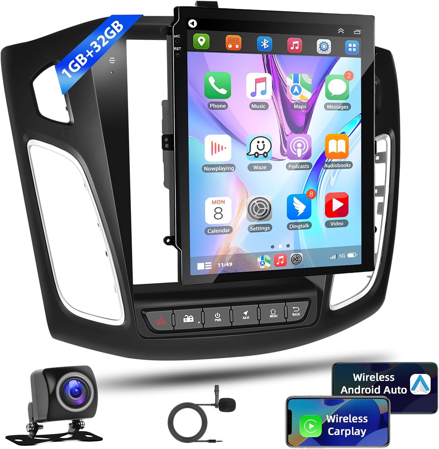 Podofo Car Stereo for Ford Focus 2012-2018 with Wireless Apple Carplay & Android Auto,9.7" Touch Screen Car Radio with Mirror Link,Bluetooth,GPS Navigation,WiFi,SWC,FM&RDS Radio+AHD Backup Camera+MIC