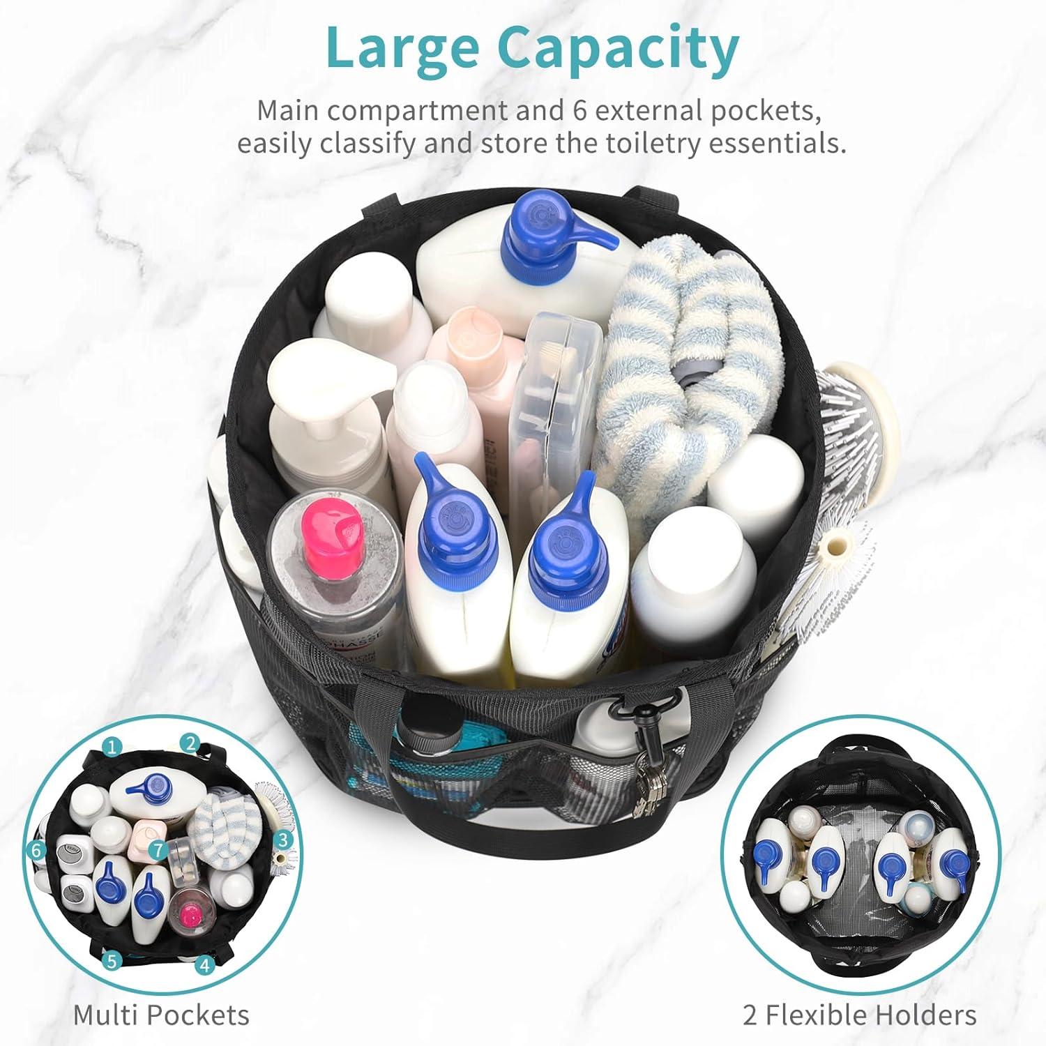 Mesh Shower Caddy Portable for College Dorm Room Essentials, Shower Tote Bag with Hanging Hook and Drawstring, Quick Dry Toiletry Bag with 6 Pockets for Bathroom, Swimming, Gym, Camping, Beach, Travel - Image 2