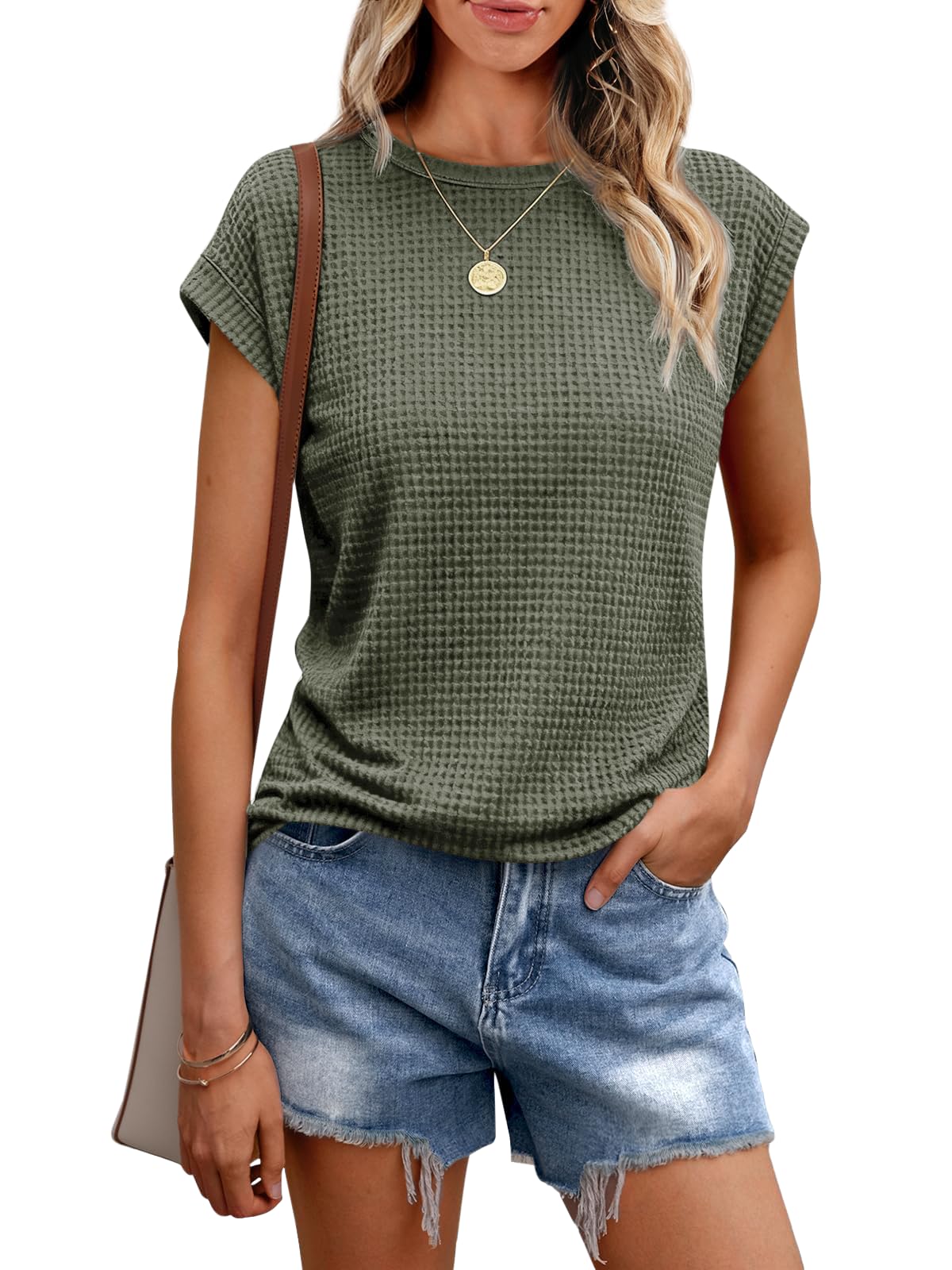 Chicrise T Shirt Damen Sommer Rundhals Waffelstrick Bluse Kurzarm Top Basic Business Outfit
