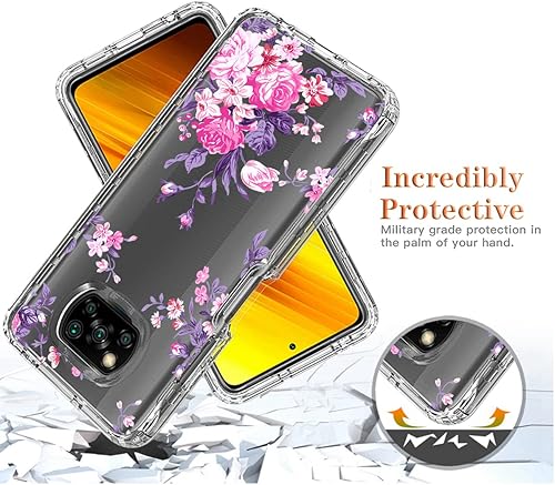 Miniatura 7 de Funda para Poco X3 NFCPoco X3 ProPoco X3, M2007J20CG con protector de pantalla de vidrio templado, diseño floral a prueba de golpes, cubierta