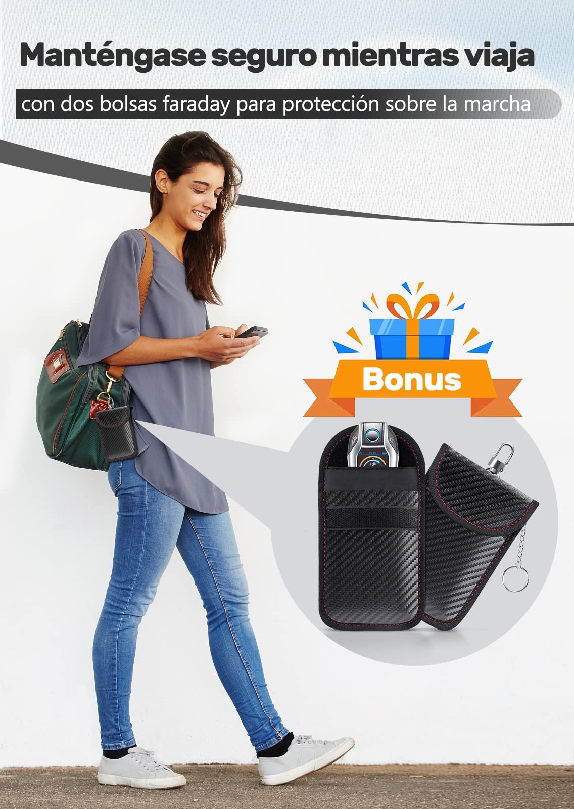 Caja Faraday Antirrobo & 2 funda Faraday para Llaves de Coche, Bloqueadora de RFID Bloqueo Señal Llaves Keyless en Cuero Fibra de Carbon Negro