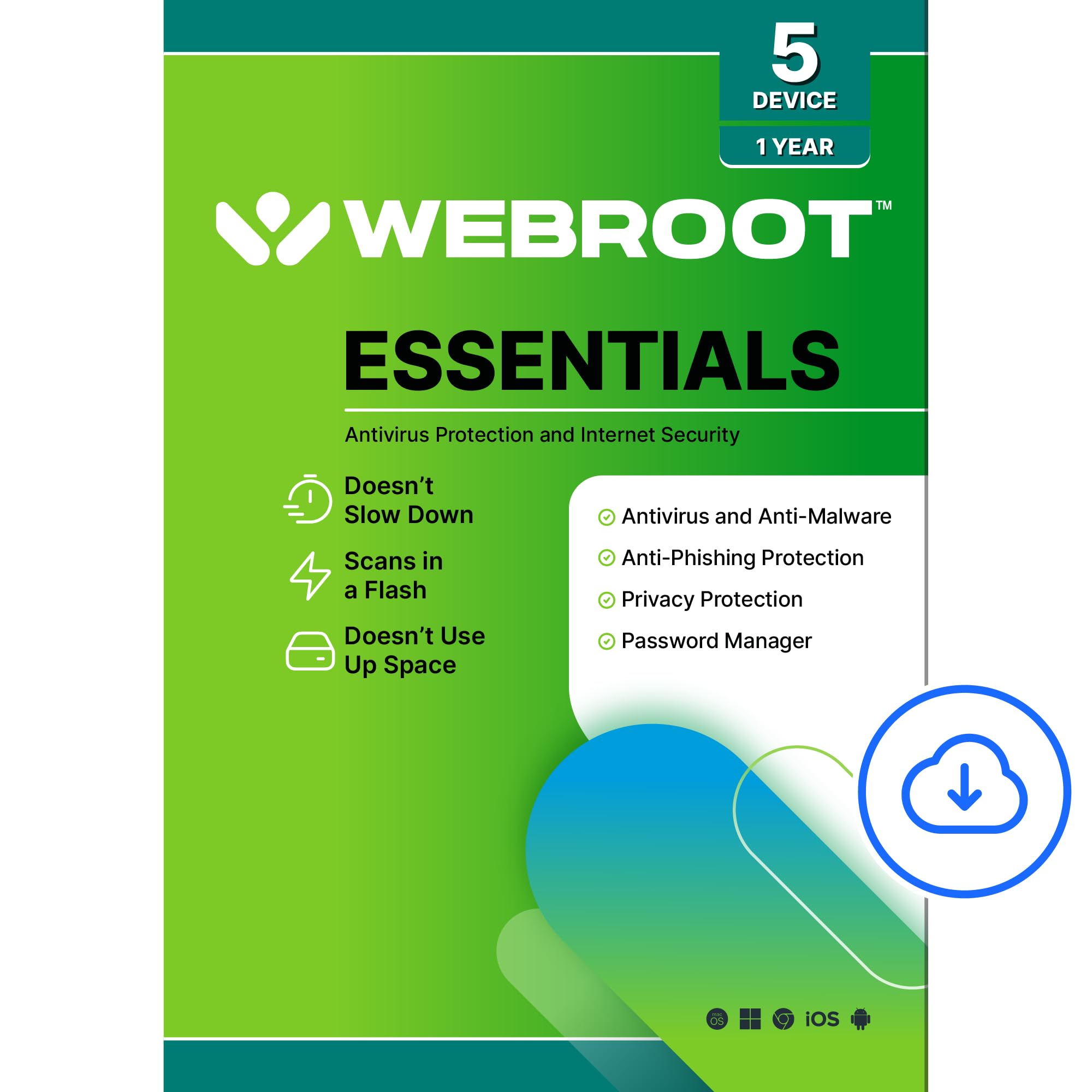 Webroot Essentials Software 2026 | 5 Device | Antivirus + Password Manager | 1 Year Download for PC/Mac [Online Code]
