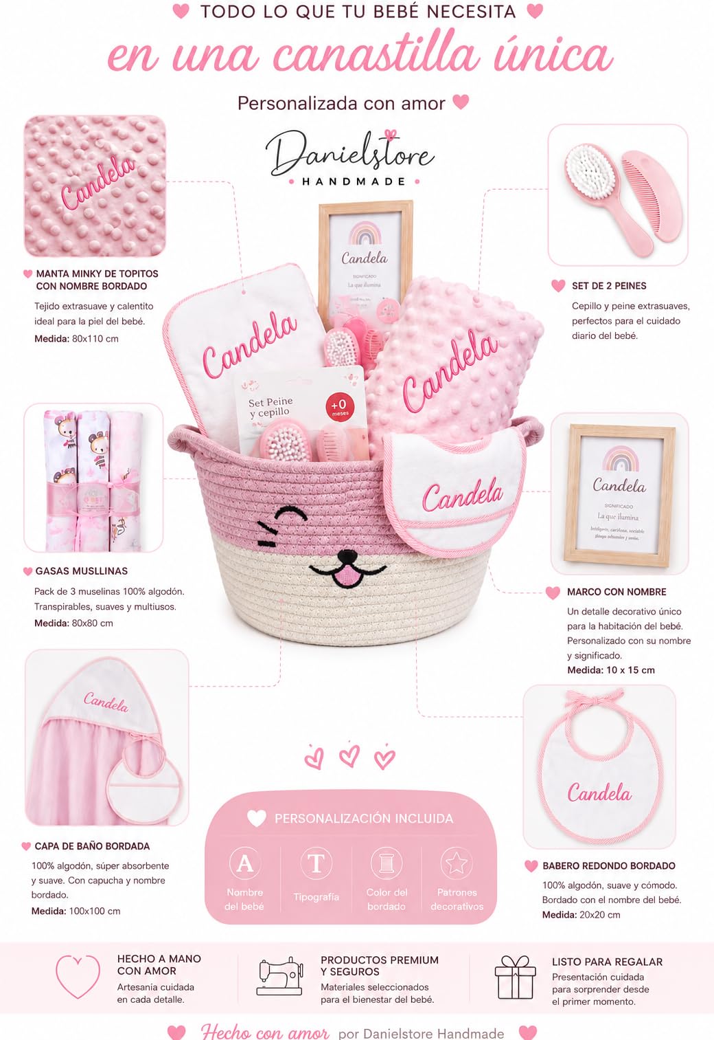Canastilla Bebé Personalizada con Nombre Bordado | Regalo Recién Nacido | Cesta Bebé Premium con Manta Minky, Toalla, Babero, Muselinas y Accesorios | Danielstore (Rosa)