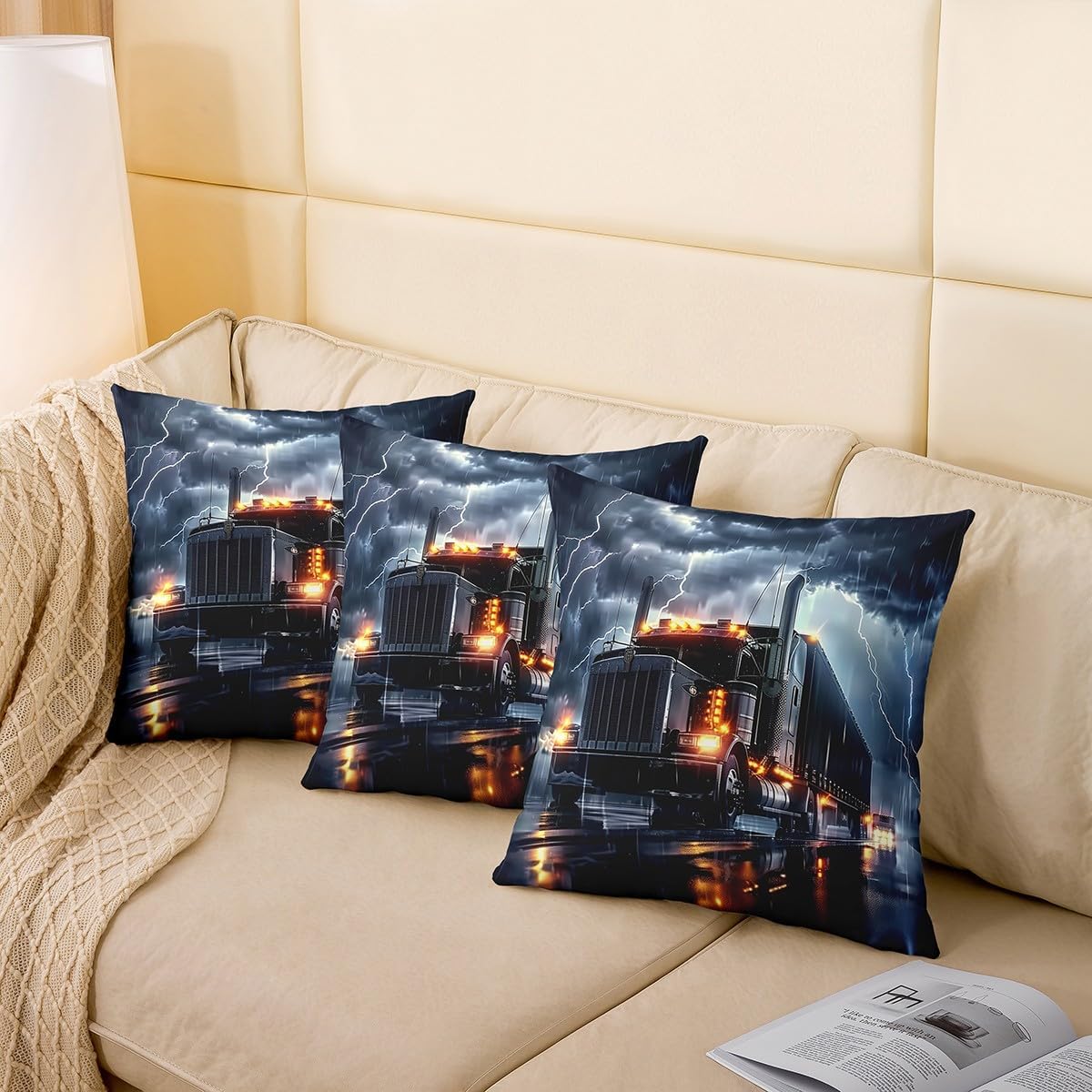 3D Truck Pillow Covers Natural Dark Clouds Lightning Cushion Covers for Kids Boys Teens Adults Cool Truck Vehicle Decorative Modern Pillow Cases for Couch Living Room 24x24 Inch Set of 2 image 4