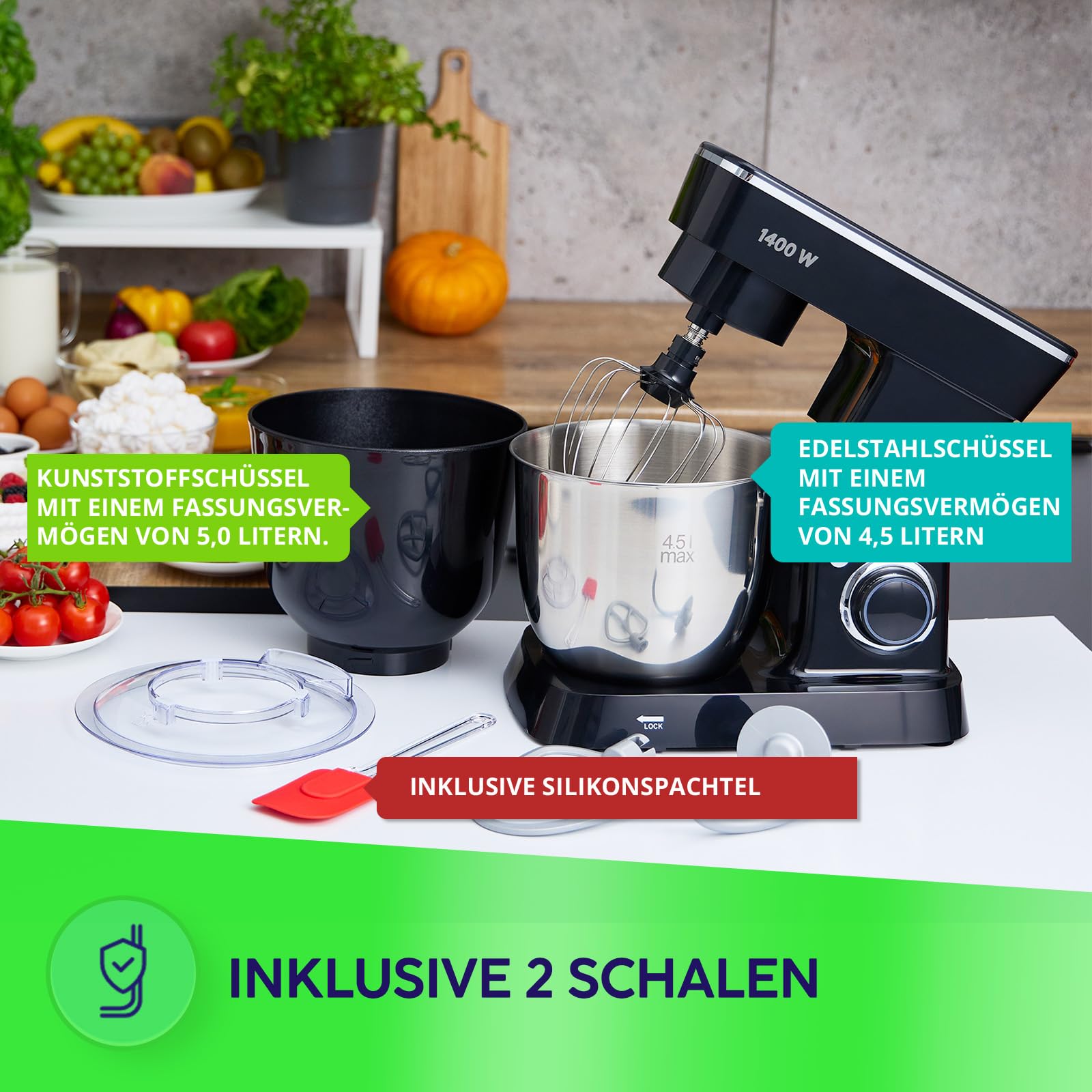 MPM Planetarna Maszyna Kuchenna MRK-25 – Wielofunkcyjny Mikser Kuchenny 4,5 l – Wszechstronne Urządzenie Kuchenne 1400W – Dwie Misy – Trzy Wymienne Trzepaczki
