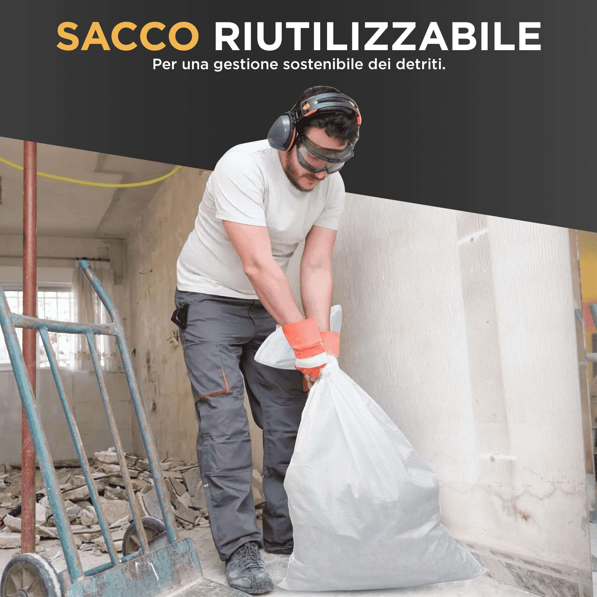 Sacchi per Macerie (20 UNITÁ) | 55 x 95cm - Resistente (55 kg) e Riutilizzabile | Sacchi in Polipropilene | Perfetto per Sabbia, Terra, Giardino, Edilizia e Foglie