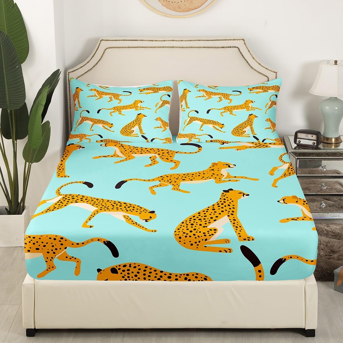 Feelyou Animal Leopard Sheets Full Size Wildlife Animal Leopard Bedding Set for Kids Boys Girls Leopard Bed Sheets Blue Sheets Set,1 Fitted Sheet+2 Pillow Sham+1 Flat Sheet
