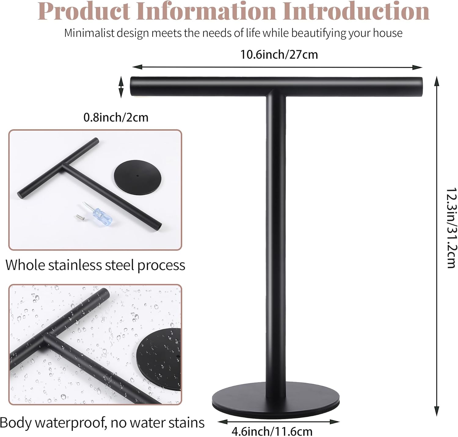 Bathroom Hand Towel Holder Stand，T-Shape Hand Towel Holder Stand SUS304 Stainless Steel Matte Black for Bathroom，Kitchen or Vanity Countertop(2 Pack)