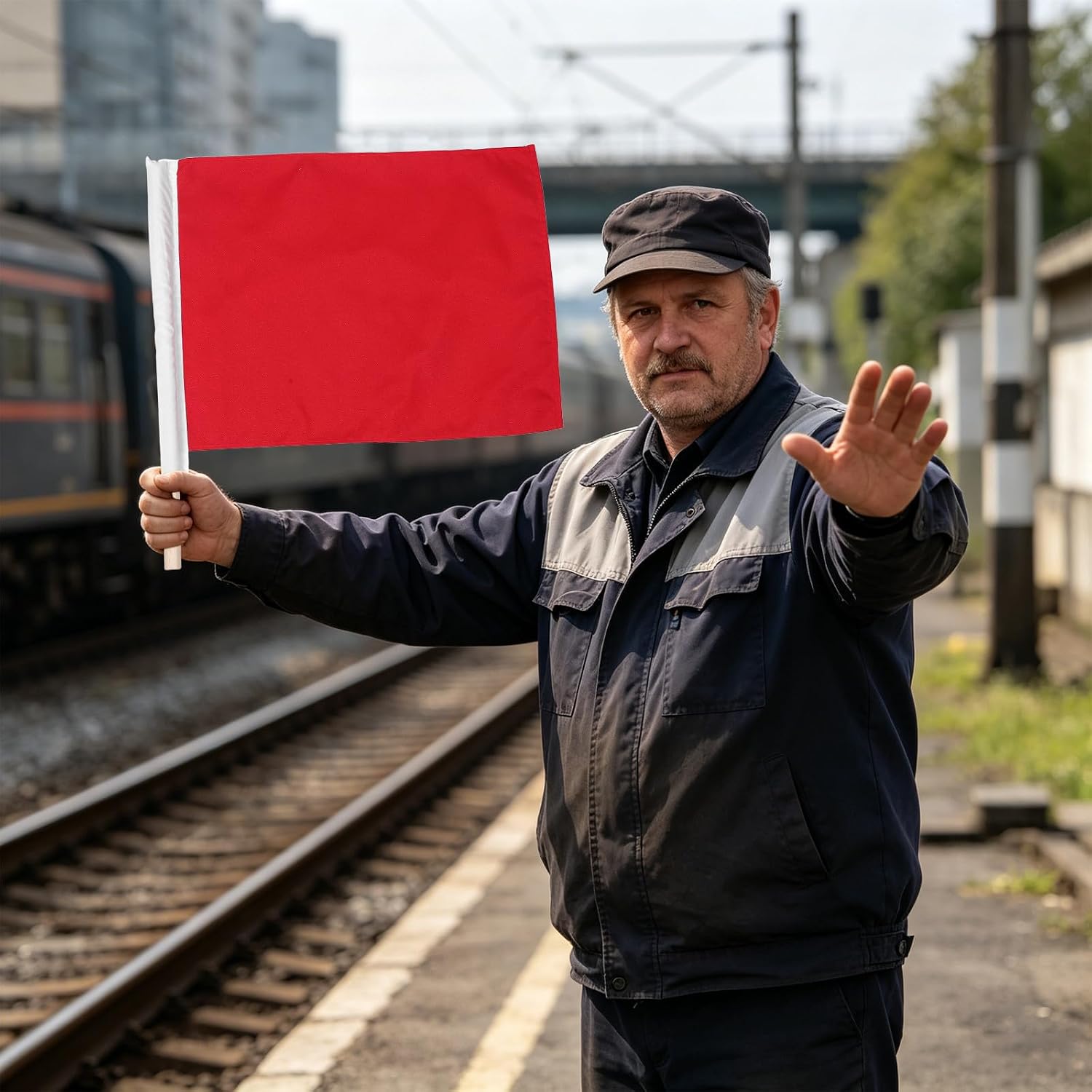 Red Hand Signal Flag for Traffic Management and Pedestrian Crossing Multifunctional Railway Safety Flag with Weather Resistant Cloth and Plastic Material