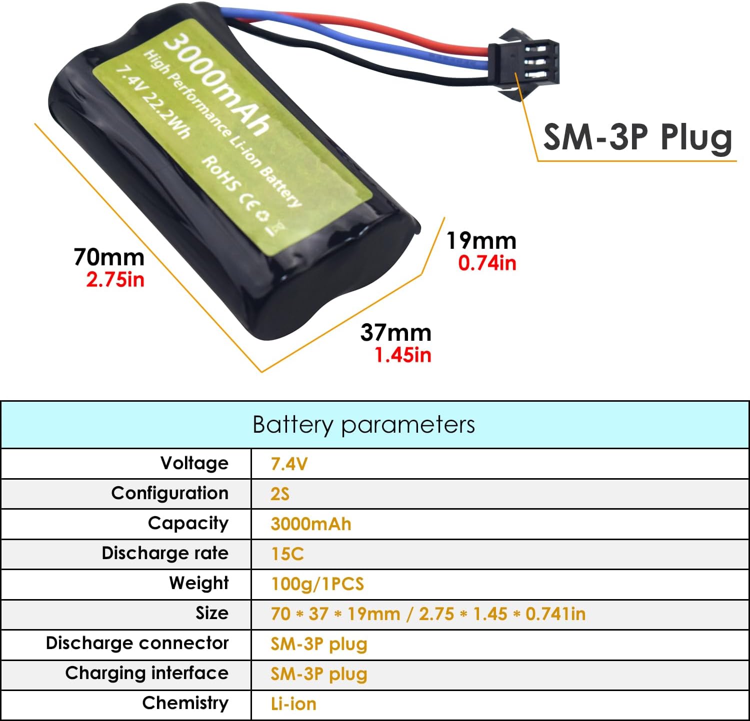 2PCS 7.4V 3000mAh 15C 2S SM-3P Plug Li ion Battery and USB Charger Suitable for DE43 DE60 9500E RC Car Model Truck Huina 1575 RC Engineering Vehicle RC Remote Control Toy Car