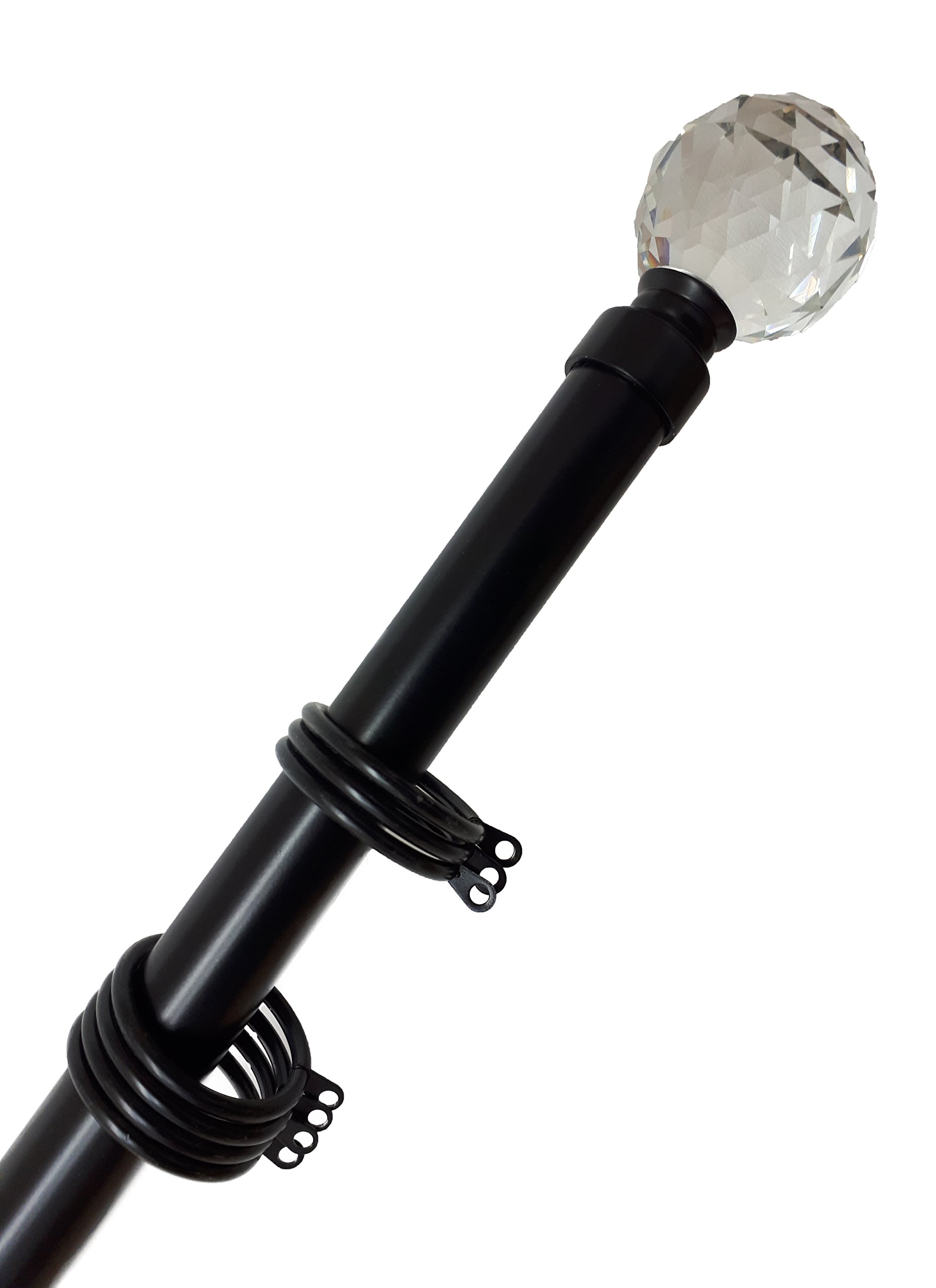 Home Harmony® Crystal Ball Finial Telescopic Extendable Curtain Pole set In Black or Silver and Matching Holdbacks Available (Black, 120-210 cm)