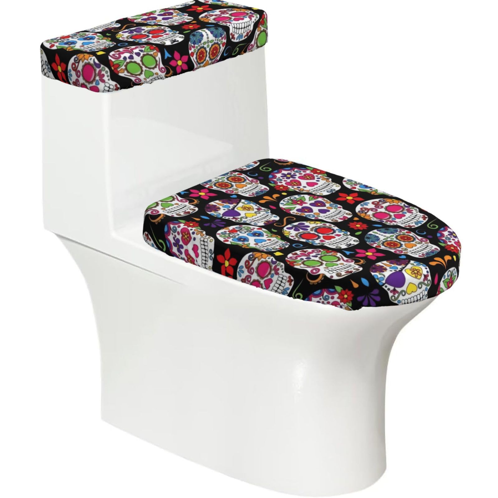 Mrowyc Black Sugar Skulls Printed Toilet Seat Set - Set Of 2 - Universal Toilet Seat Cover - Housewarming Birthday Christmas Gift