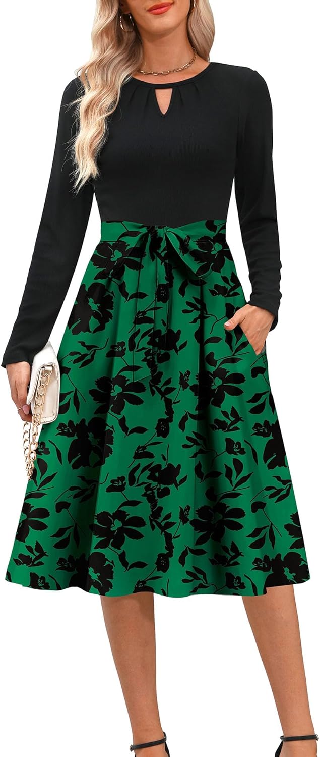 Kranda Women 2026 Spring Long Sleeve Crewneck Casual Business Church Work Teacher Outfits Ribbed Midi Dress with Pockets