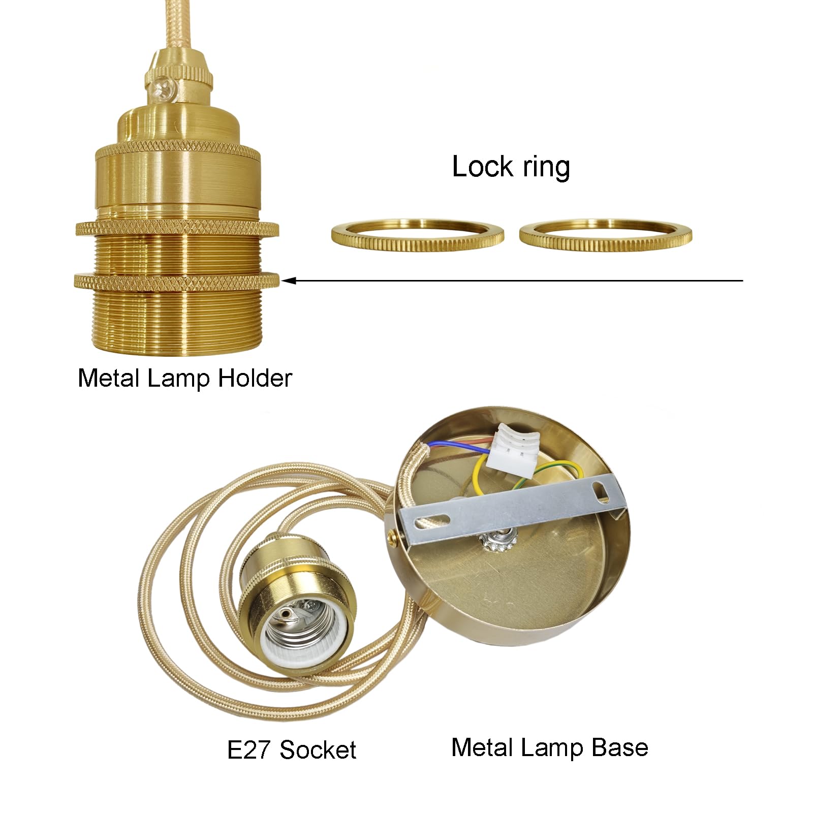 3 Stücke Gold Lampenaufhängung, E27 Metall Retro Lampenfassung Pendelleuchte 120cm Textilkabel Höhenverstellbar Vintage Hängeleuchte, DIY Hängelampe für Küche Wohnzimmer Esszimmer (Ohne Glühbirne)