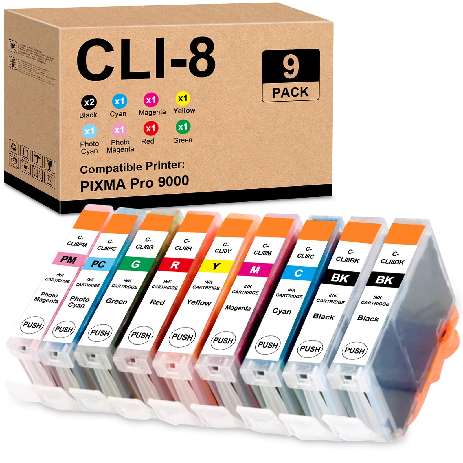 Transpex Remanufactured CLI8 Ink Cartridge Replacement for CAN CLI-8 Blakc and Color Multi Pack with Pro9000, Pro9000 Mark II Printers (9 Pack, 1 Set+