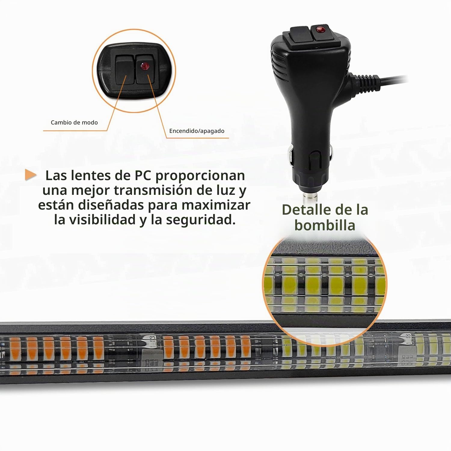Luces Estroboscopicas Coche,Luces De Ventosa para Coche,Tira De Luz Estroboscópica,Ip67,23 Modos De Flash,Cable De Alimentación De 4,5 m,Blanco y Amarillo,para Coches,Camiones, Tractores,Etc.