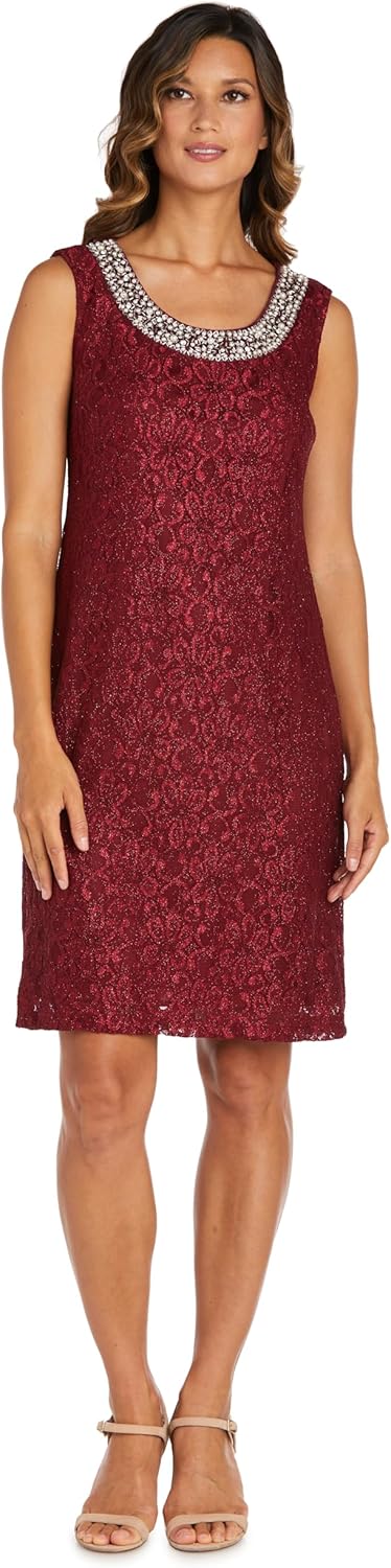 R&M Richards Women's Flyaway Chiffon Jacket & Shift Lace Glitter Dress W/Beaded Neckline - Knee-Length Evening Outfit - Image 2