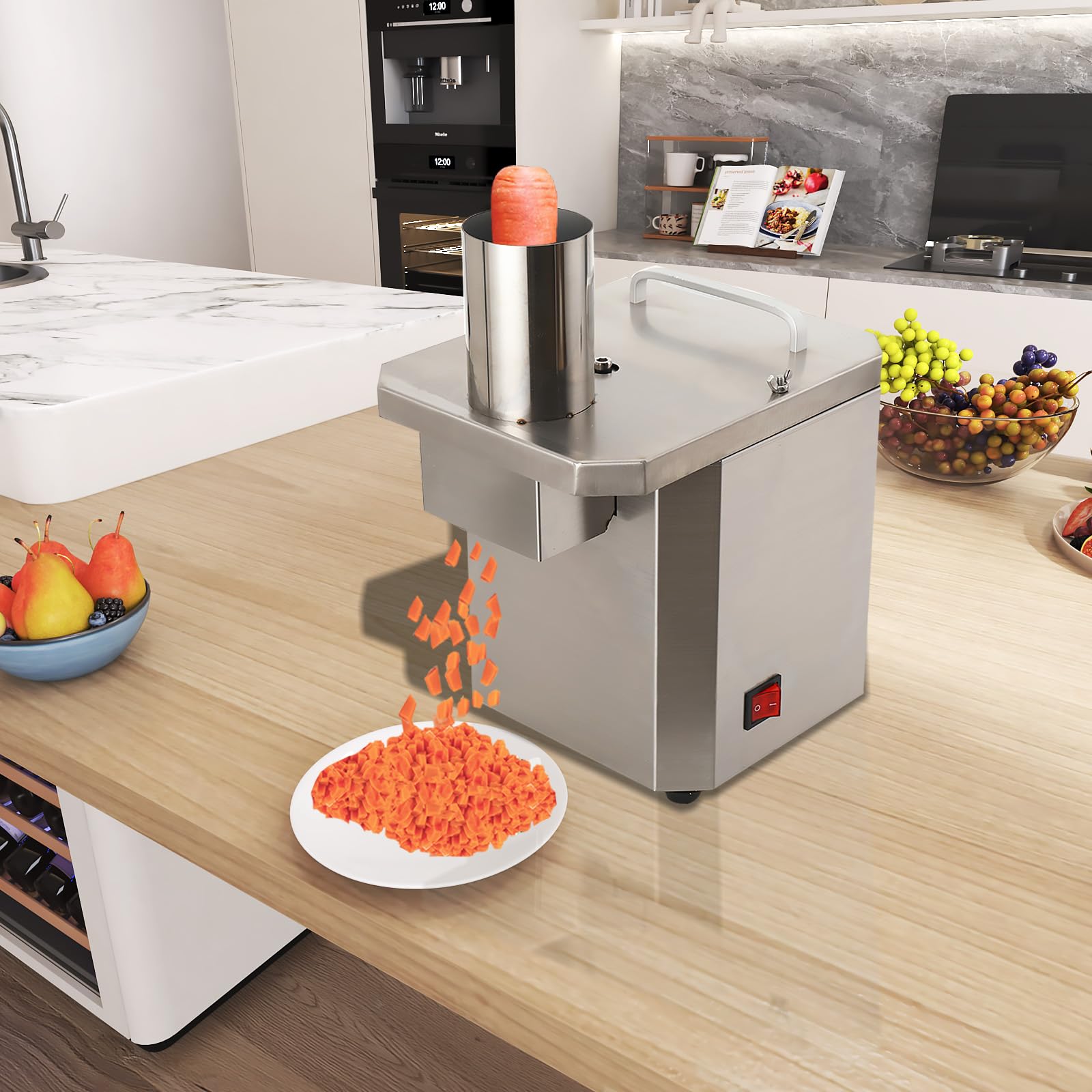100W 3-in-1 Gemüseschneidmaschine, Gemüseschneider Elektrisch Gemüsehobel Professionell Würfelschneider Multifunktional Obstschneider mit 3 Typ Edelstahl Klingen für Kartoffel Karotte Zwiebel