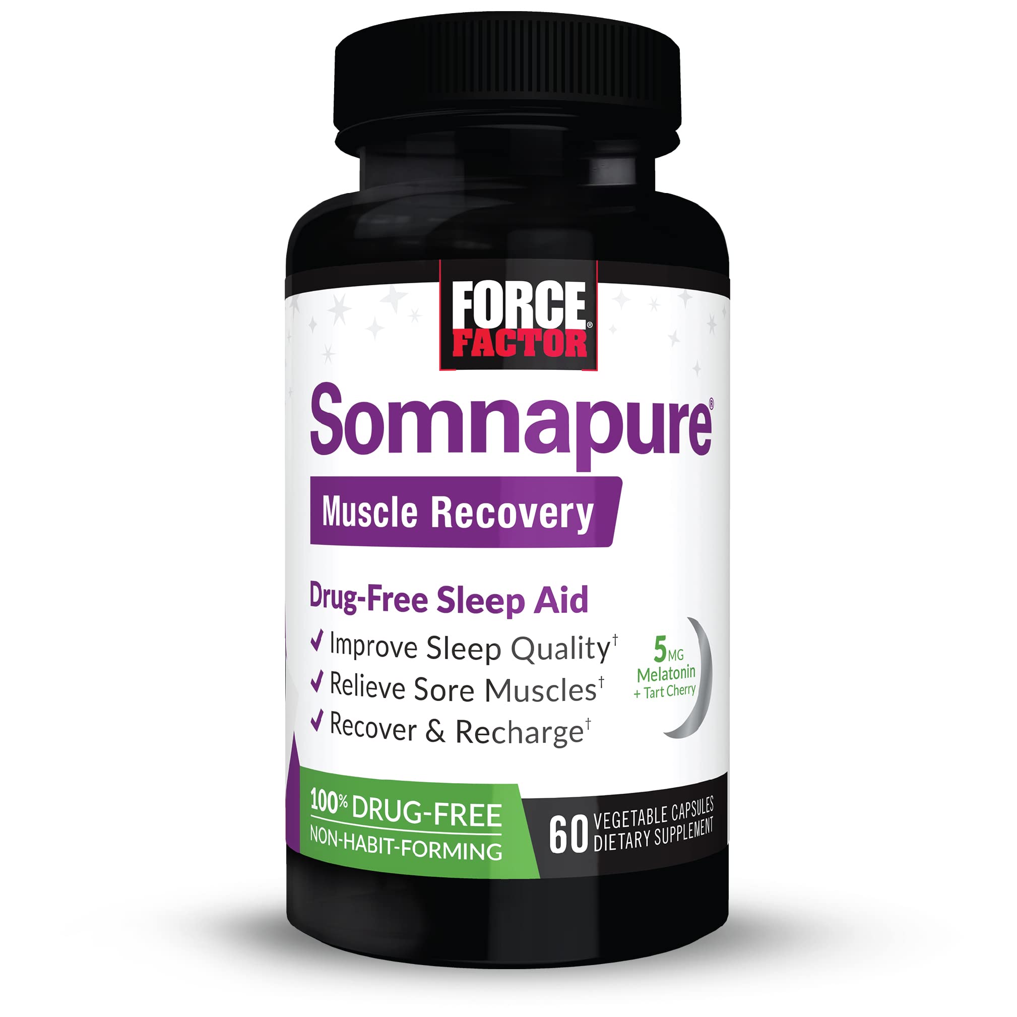 Force FactorSomnapure Muscle Recovery with Melatonin 5mg, Holy Basil, and L-Theanine, Sleep Support, Muscle Soreness Relief, & Muscle Recovery, 60 Capsules