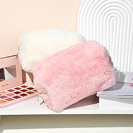 SOIDRAM 2 Pieces Makeup Bag Cute Cosmetic Bag Plush Pink White Makeup Pouch Coquette Travel Toiletry Bag Organizer Fluffy Makeup Brushes Puffy Storage Bag for Women