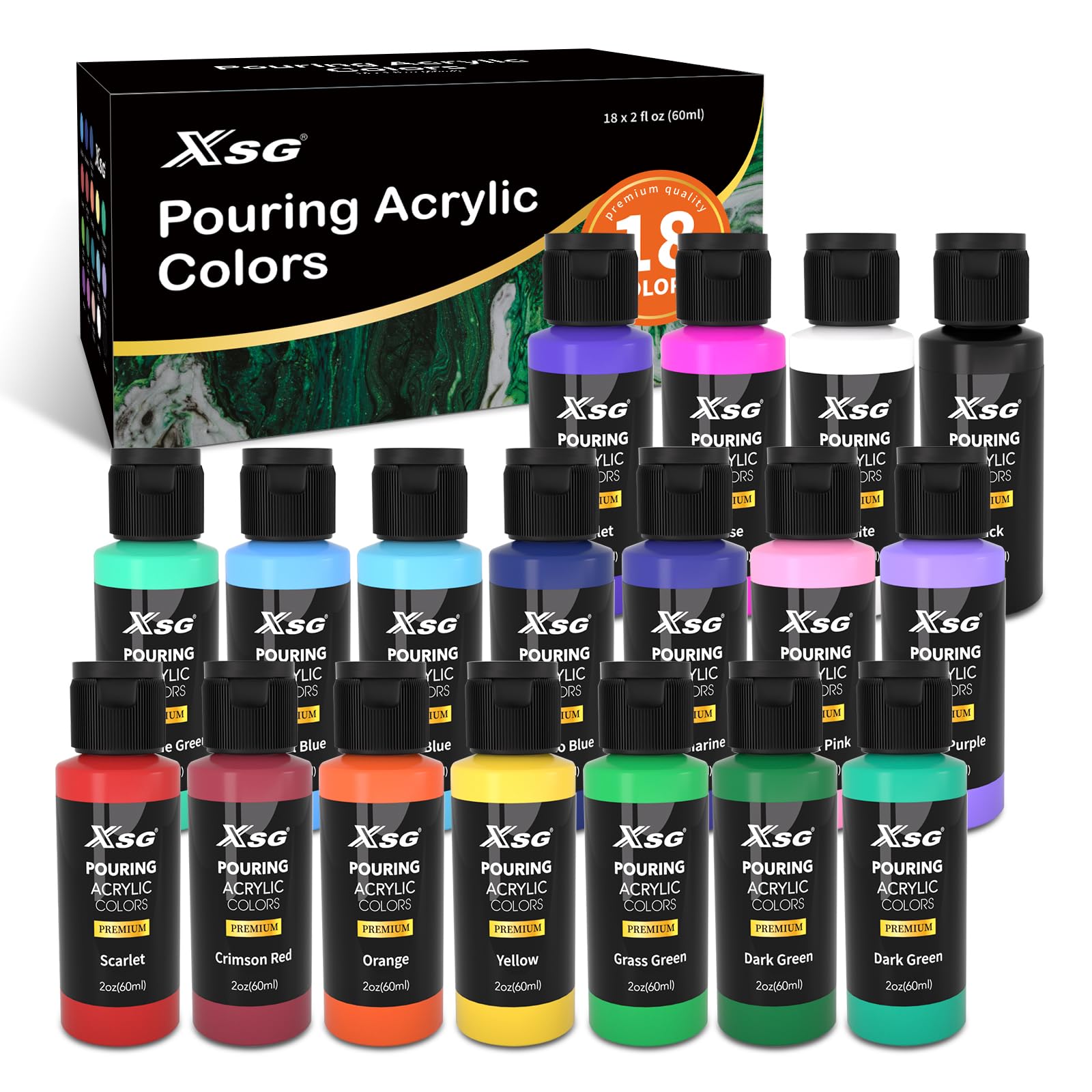 XSG Acrylic Pouring Paint Kit,18 Color × 60ml Acrylic Paint Set for Adults, Non Toxic，Perfect for Pouring on Canvas Wood Crafts Tiles Rocks Painting