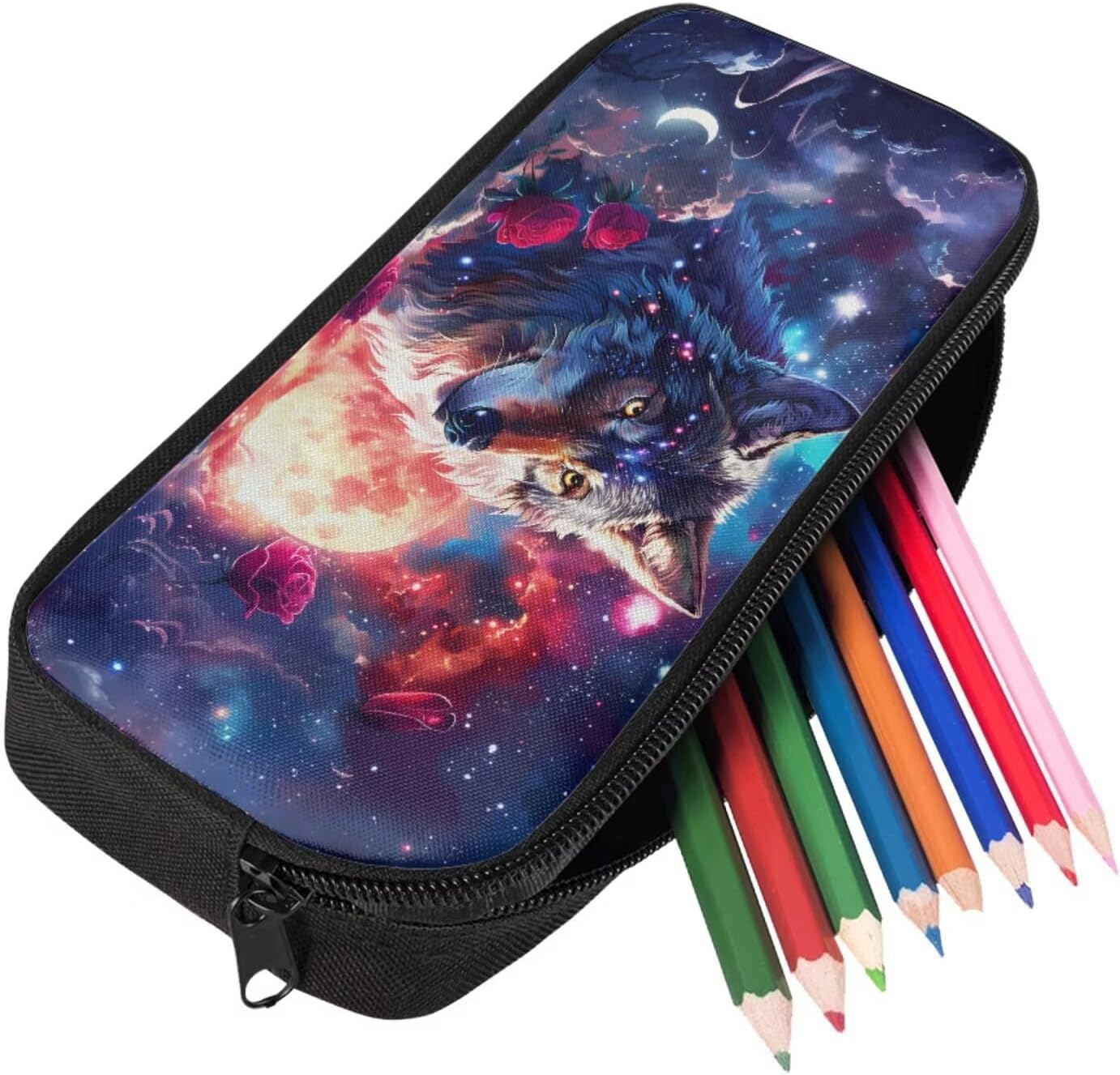 Galaxy Wolf Backpack for Girls Kids Backpack with Lunch Box and Soft Pencil Case 3PCS Sturdy School Bag for Middle School Girls Casual Daypack Backpacks 17 inch Large Bookbag with Compartments
