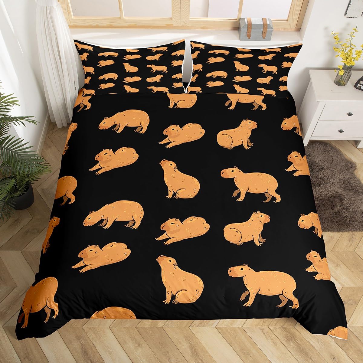 Funda de edredón de capibaras marrón para cama infantil en tejido suave
