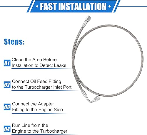 Vista 147 de AN3 - Línea de alimentación de aceite turbo de acero trenzado de 90 grados a extremo de manguera recto, turbocompresor remoto de 24 pulgadas, línea