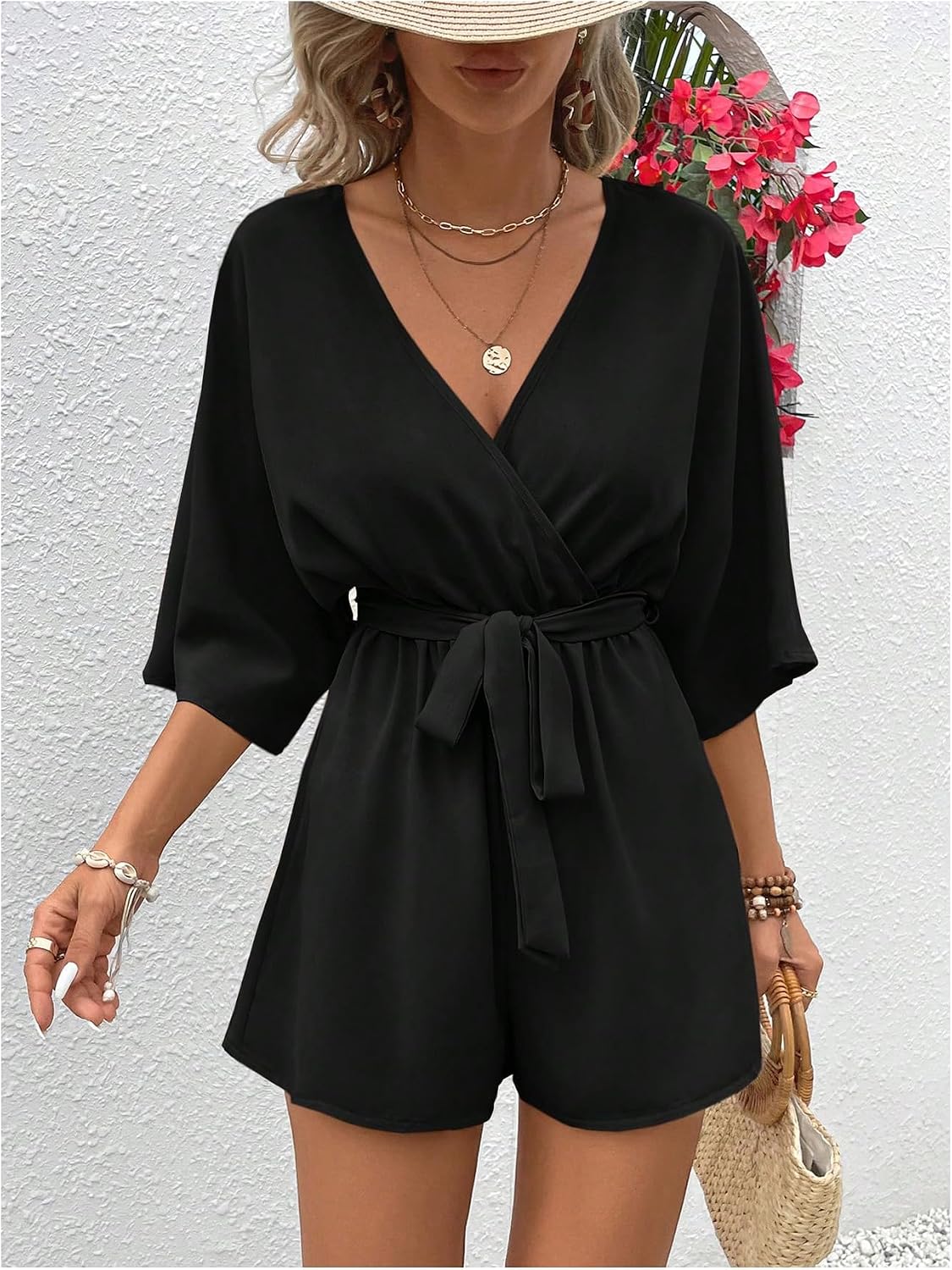 SOLY HUX Women's V Neck Wrap Romper Half Sleeve Belted Casual Dressy Jumpsuit Summer Vacation Outfits
