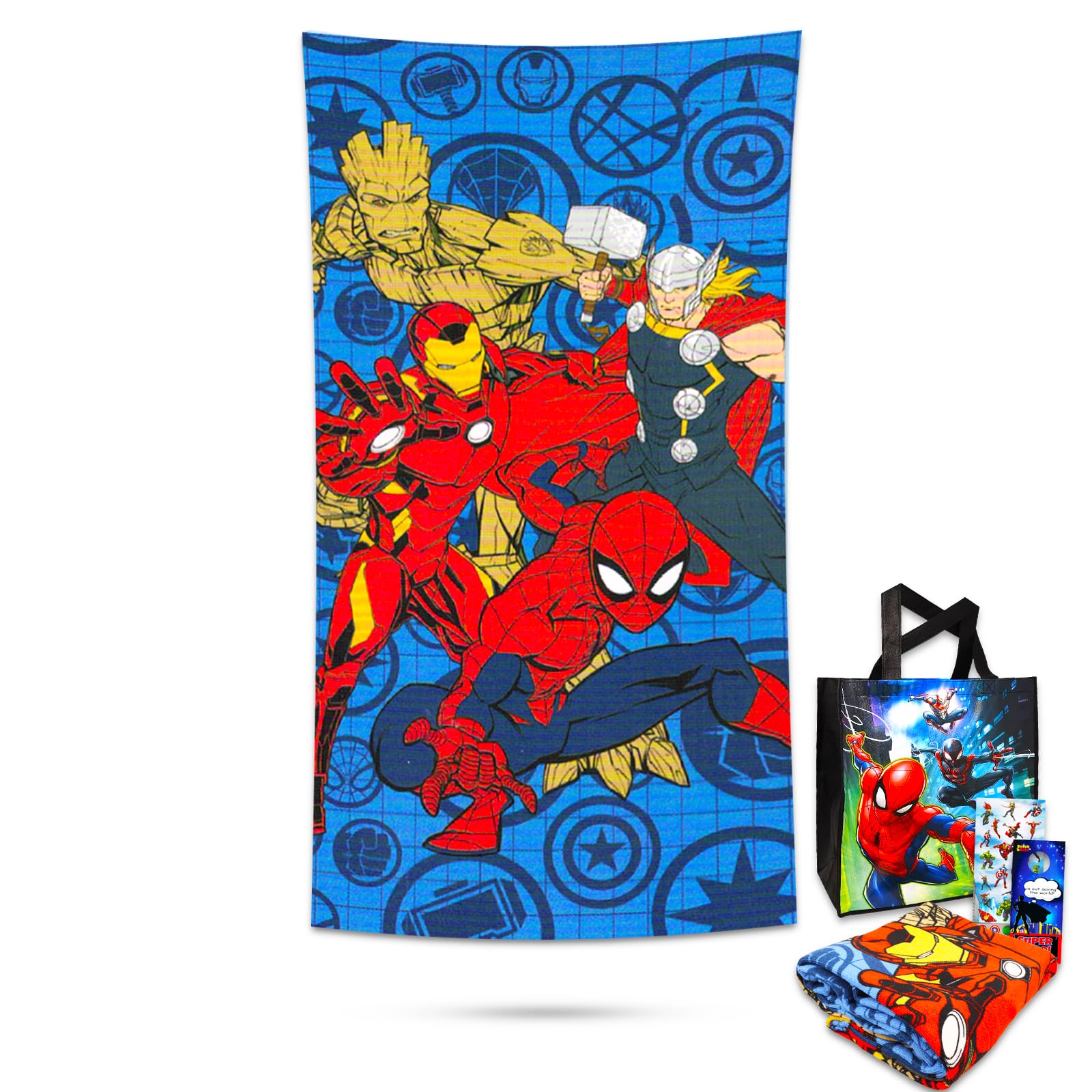 Serviette enfant Marvel Avengers microfibre 68x137cm, kit avec sac fourre-tout et stickers de bain