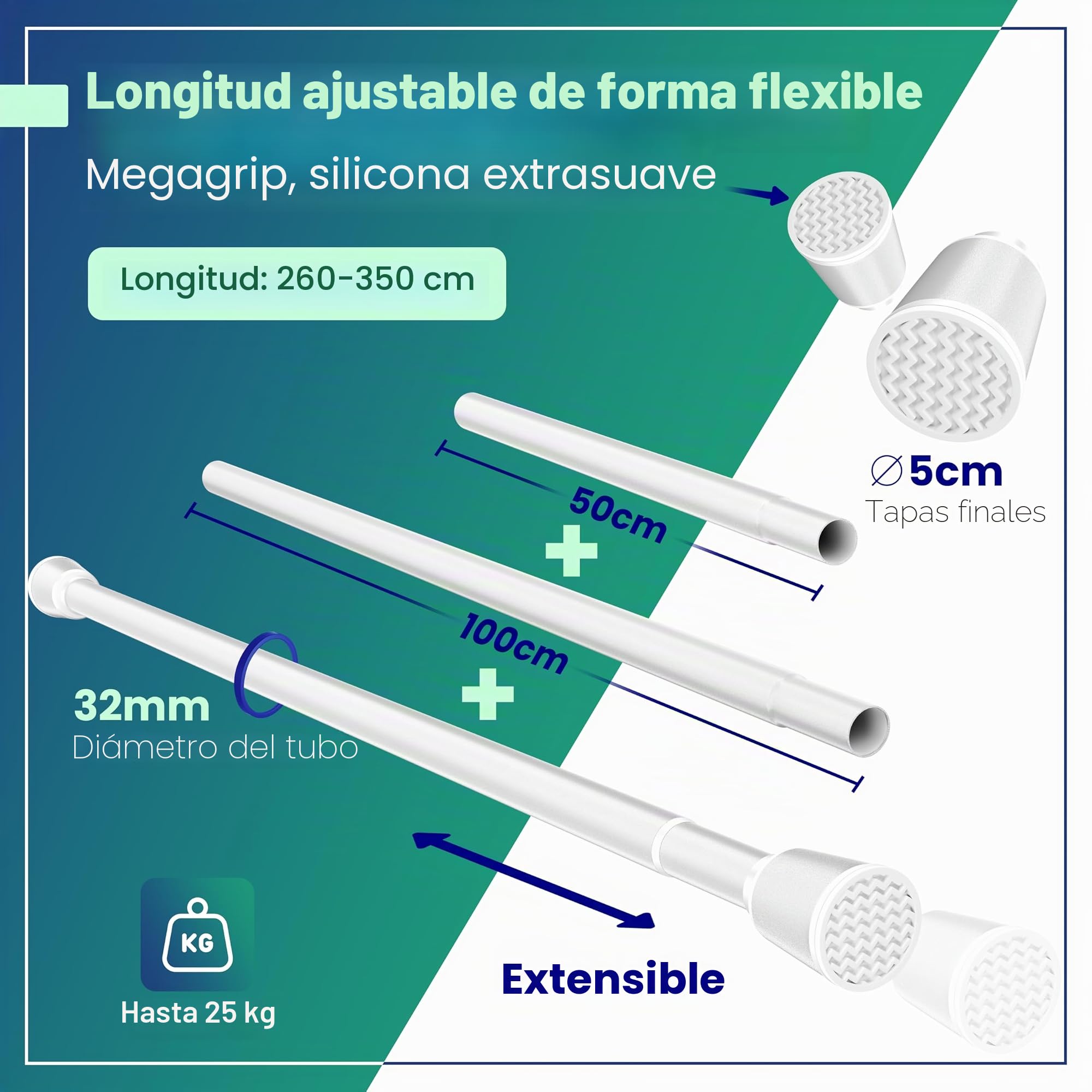 LOBUX - Barra de cortina sin taladrar [blanco, 260-350 cm] – Barra telescópica extensible – Barra de ducha sin taladrar – Barra de cortina de ducha, barra de cortina, barra de cortina, barra para