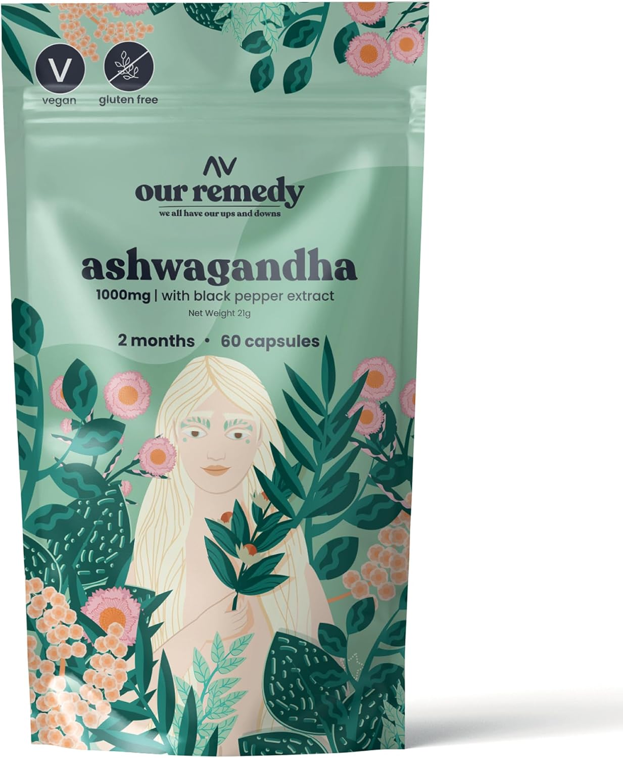 Our Remedy Ashwagandha Capsules for Women 1000mg with Black Pepper for Fast & Effective Absorption — Made by Women, for Women! Natural, Vegan & Plastic Free — 60 One-a-Day Tablets