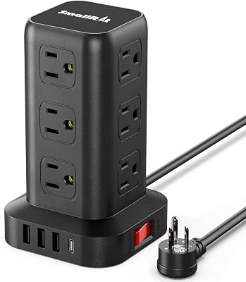 Extension Cord with Multiple Outlets, SMALLRT Surge Protector Power Strip Tower, Outlet Extender with 12 AC Outlets 4 USB, 6.5FT Extension Cord for Home Dorm Room, Office Supplies,Overload Protection ClimeCo Certified