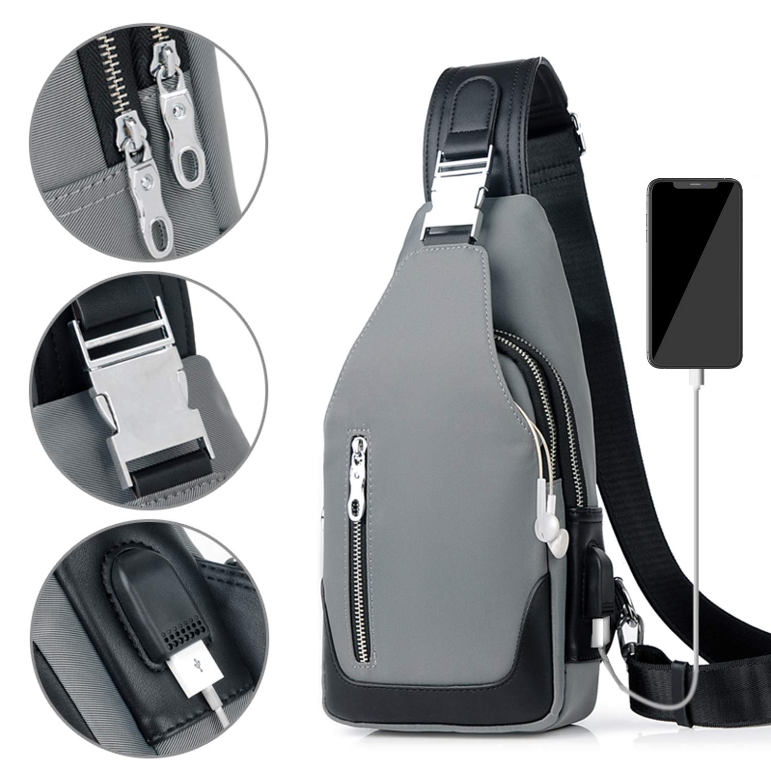 FANDARE Nuovo Monospalla Uomo Zaino Monospalla Borsello da Uomo con USB Borsa a Tracolla Borsa Sportiva Sling Bag,Treeking/Ciclismo/Viggio