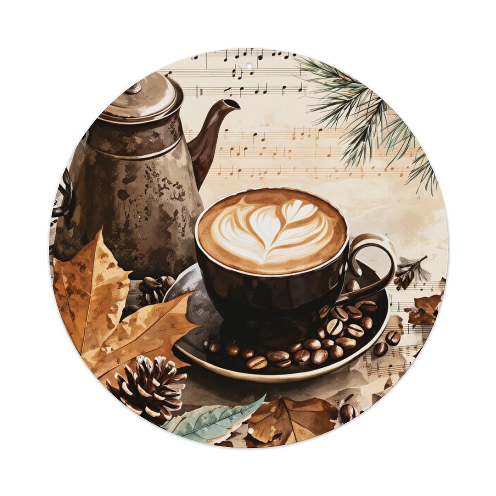 Autumn Leaves Coffee Beans Pinecones Music Notes Round Tin Sign Vintage Metal Poster, Home Bar Garage Man Cave Cafe Indoor & Outdoor Wall Decoration 8x8Inches