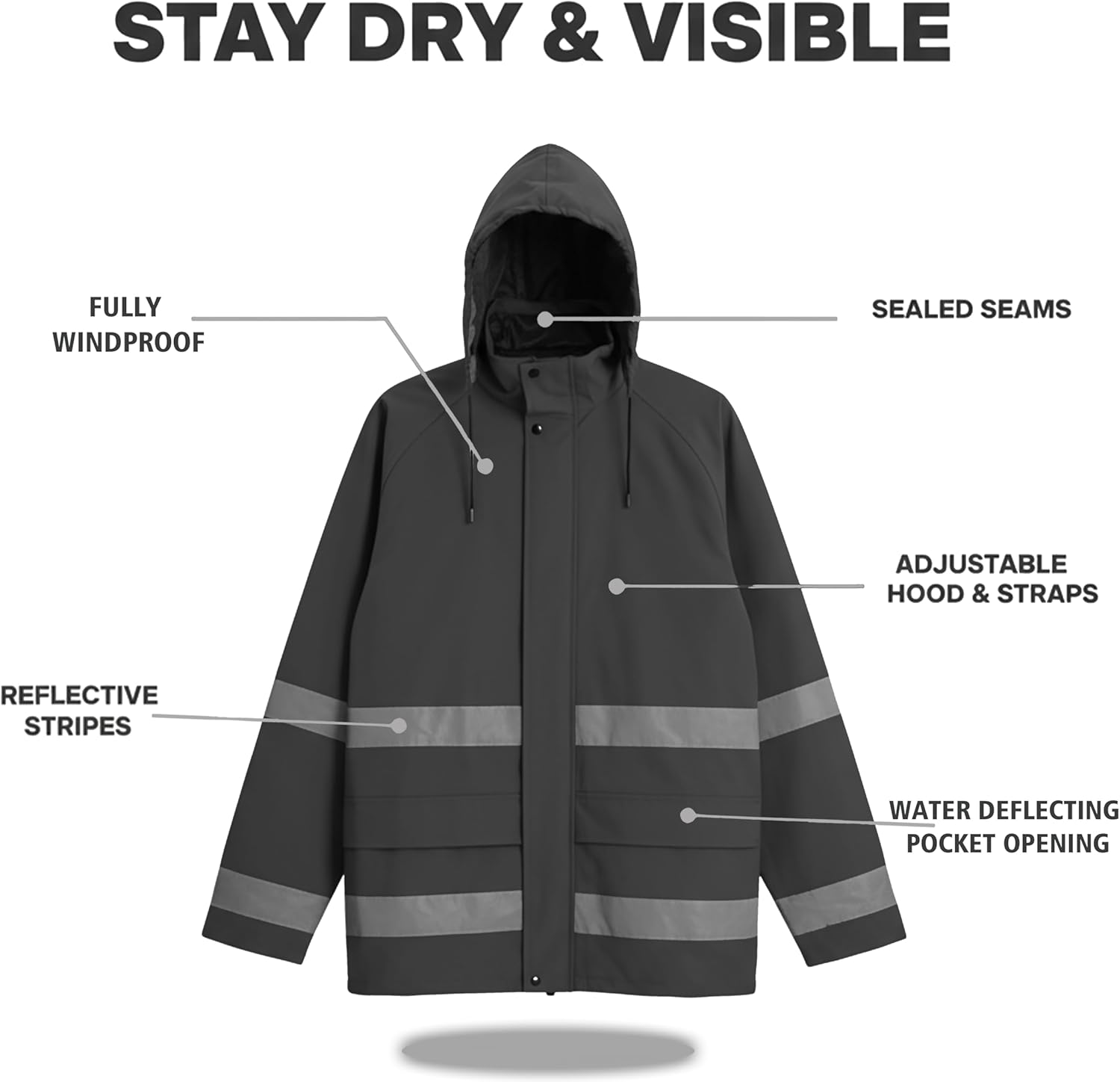 Men’s PRO Hi-Vis Waterproof Workwear Rain Jacket & Bib Pants with Hood, 3-Piece Safety Durable Functional Nylon Oxford Shell